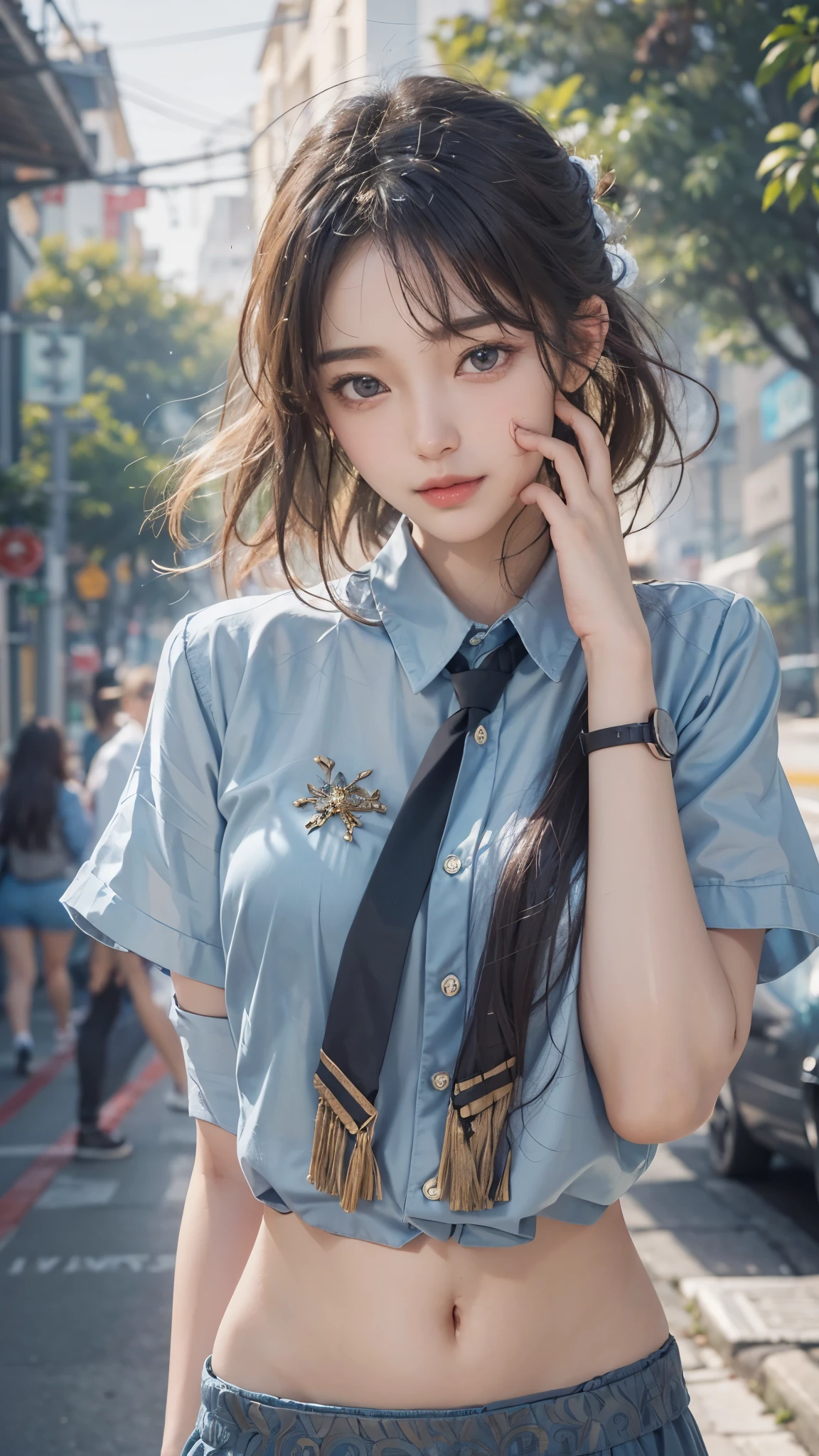 Masterpiece, tell me about 1 beautiful girl, detailed eyes, eyes swollen , top quality, super high resolution, ( realism: 1.4), Original Pictures , Cinematic Lighting, Japanese , so beautiful, Beautiful skin, slender, ( surreal), ( high resolution), (8k), ( very detailed), (beautifully detailed eyes), ( very detailed), ( ( detailed face), Audience , very smiling, and looking straight ahead, black eyes, Forward facing body, bright street tree , tea hair, shortcut to doctor, street tree in background , pretty light blue Y shirt,