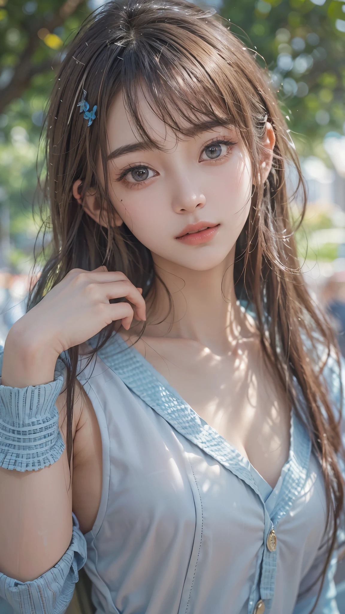Masterpiece,  tell me about 1 beautiful girl,  detailed eyes,  eyes swollen ,  top quality, super  high resolution, ( realism: 1.4),   Original Pictures ,  Cinematic Lighting,  Japanese ,  so beautiful,  Beautiful skin, slender, ( surreal), ( high resolution), (8k), ( very detailed), (beautifully  detailed eyes), ( very detailed), ( ( detailed face),  Audience ,  very smiling,  and looking straight ahead,  black eyes, Forward facing body, bright street tree ,  tea hair,  shortcut to doctor,  street tree in background ,  pretty light blue Y shirt,