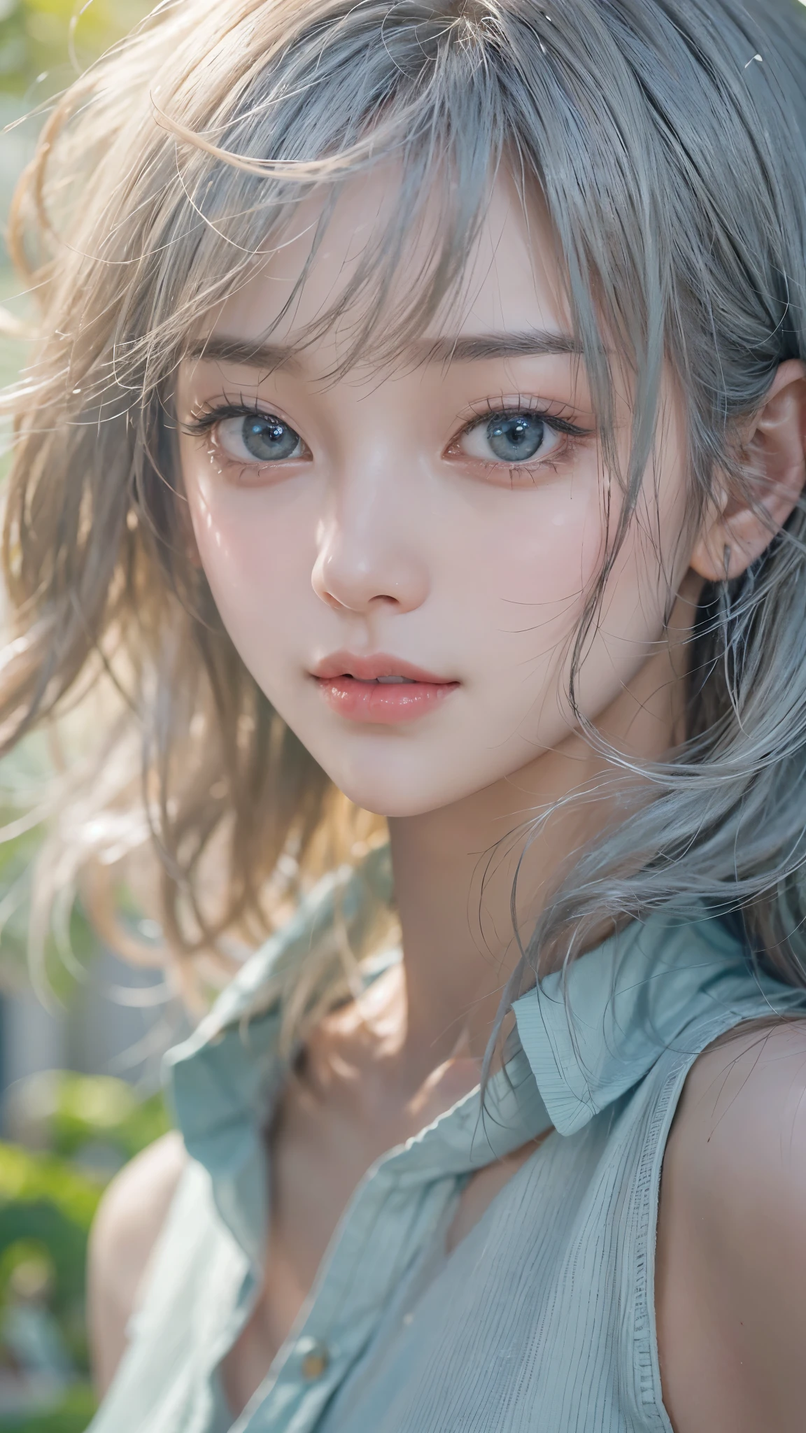 Masterpiece, tell me about 1 beautiful girl, detailed eyes, eyes swollen , top quality, super high resolution, ( realism: 1.4), Original Pictures , Cinematic Lighting, Japanese , so beautiful, Beautiful skin, slender, ( surreal), ( high resolution), (8k), ( very detailed), (beautifully detailed eyes), ( very detailed), ( ( detailed face), Audience , very smiling, and looking straight ahead, black eyes, Forward facing body, bright street tree , tea hair, shortcut to doctor, street tree in background , pretty light blue Y shirt,