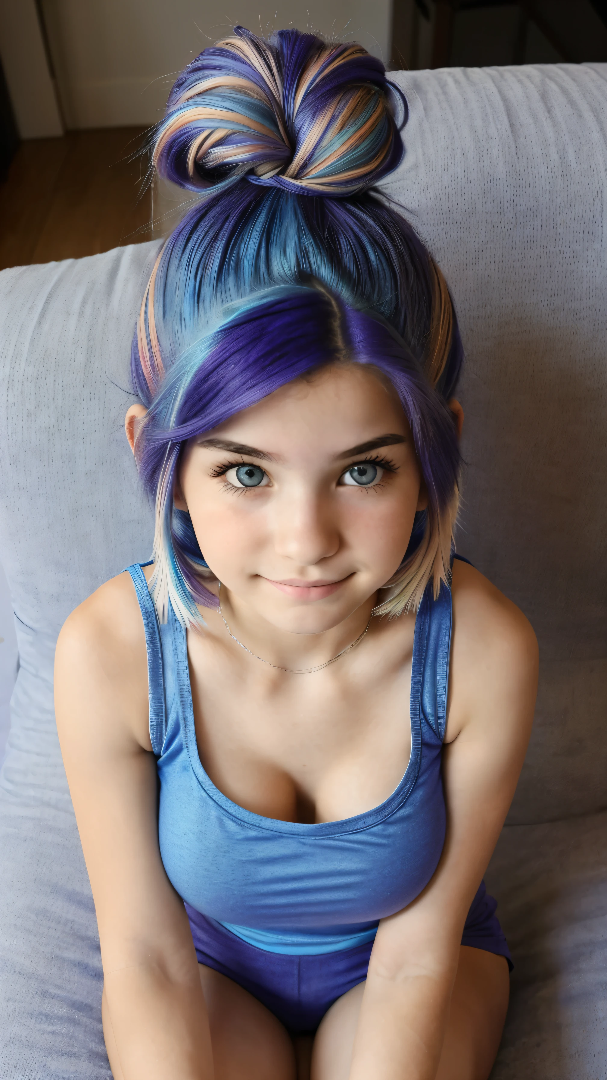 18 year old white age girl, is 5 feet and is petite, has long ((blue and purple multi-colored hair)), (medium-large breasts), ((blue cropped-tank top)) and is wearing tight booty shorts, brown eyes, smirk, tan skin, (((adorable 1.3))), (((cute face 1.3))), looks beautiful, sitting on couch, small nose
