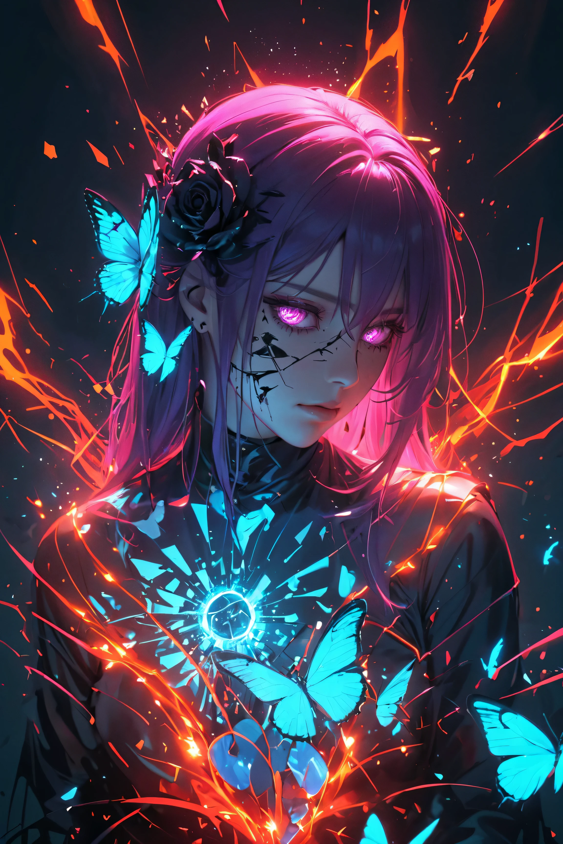 masterpiece, best quality, newest, absurdres, highres, 1girl, purple hair, purple eyes, hair ornament, electricity, abstract, breaking, shattered, glass, broken glass, monochrome, spot color, blue and black theme, dark, sad, gothic, black rose, thistles and thorns, flora, black and thick liquid, fog, blue butterfly, underlighting, strong visual impact, film lighting, (different reflection, reflection, glass shards:1.2), An ethereal sketch using lineart techniques and wet on wet painting, shatter across face, blood from eyes, tomoe \(symbol\), detailed, time paradox, multiple views, black background, photo \(medium\), simple background, blue hair, kimono,