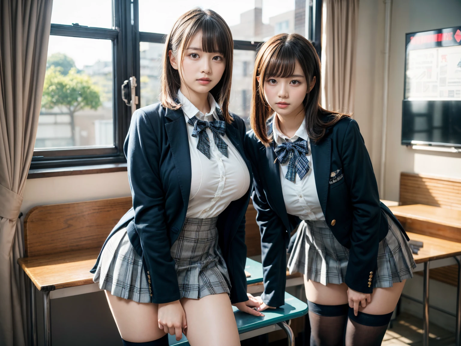 masterpiece, best quality, illustration, Super detailed, fine details, High resolution, 8K,wall paper, perfect dynamic composition,(Details High quality, realistic depiction of eyes:1.3), (2 girls, 2 schoolgirls:1.2), from side, High School Classroom、High school girl uniform、blazer 、Super Short Check Uniform Skirt、Navy blue high socks、garterbelts、Colossal tits、Disturbed uniform,  short bob hair, black hair color, huge breasts, Big Natural Color Lip, bold sexy pose, (perfect body shape), crying a little、 Harajuku style、20 year old girl、 beautiful legs, hposing Gravure Idol, Voluptuous thighs