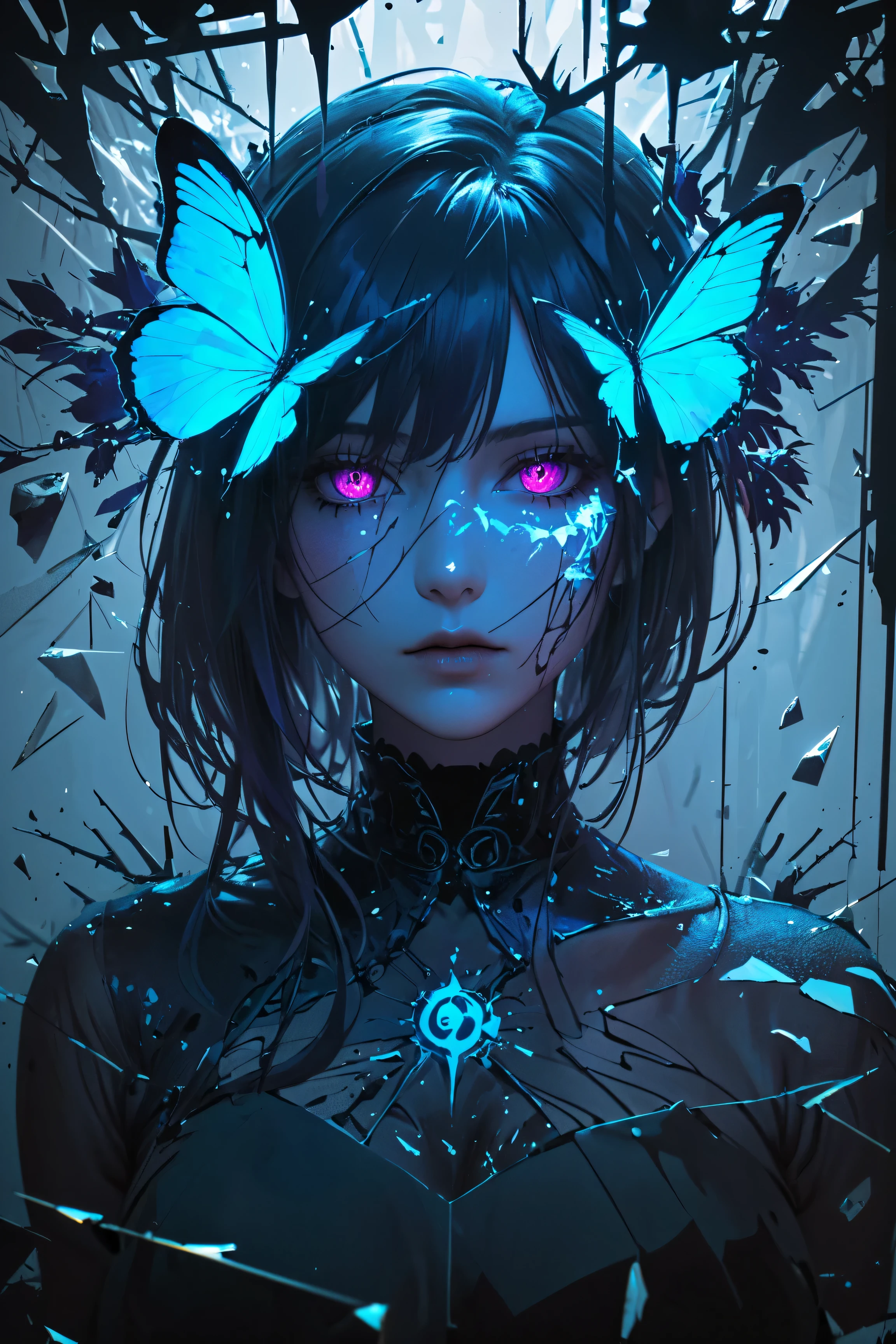 masterpiece, best quality, newest, absurdres, highres, 1girl, purple hair, purple eyes, hair ornament, electricity, abstract, breaking, shattered, glass, broken glass, monochrome, spot color, blue and black theme, dark, sad, gothic, black rose, thistles and thorns, flora, black and thick liquid, fog, blue butterfly, underlighting, strong visual impact, film lighting, (different reflection, reflection, glass shards:1.2), An ethereal sketch using lineart techniques and wet on wet painting, shatter across face, blood from eyes, tomoe \(symbol\), detailed, time paradox, multiple views, black background, photo \(medium\), simple background, blue hair, kimono,