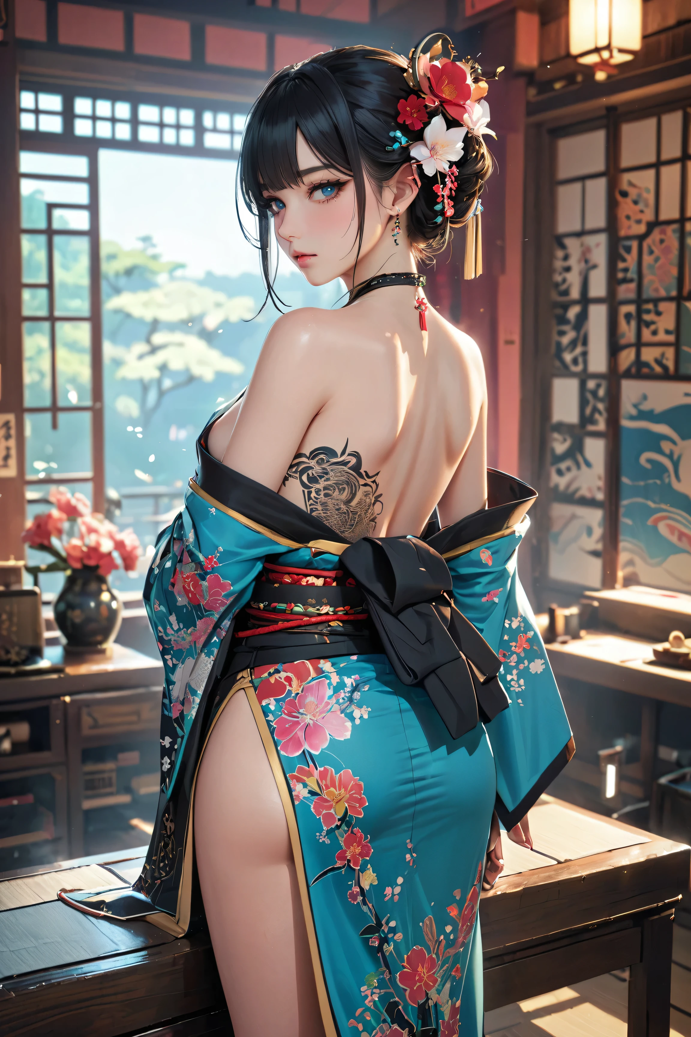 (masterpiece, top quality, best quality, official art, beautiful and aesthetic:1.2),1girl, tattoo, solo, japanese clothes,  hair ornament, unsheathing, black hair, sheath, back tattoo, blue eyes,  off shoulder, bare shoulders, looking back, from behind, flower, looking at viewer,  holding, makeup, 
indoor,
