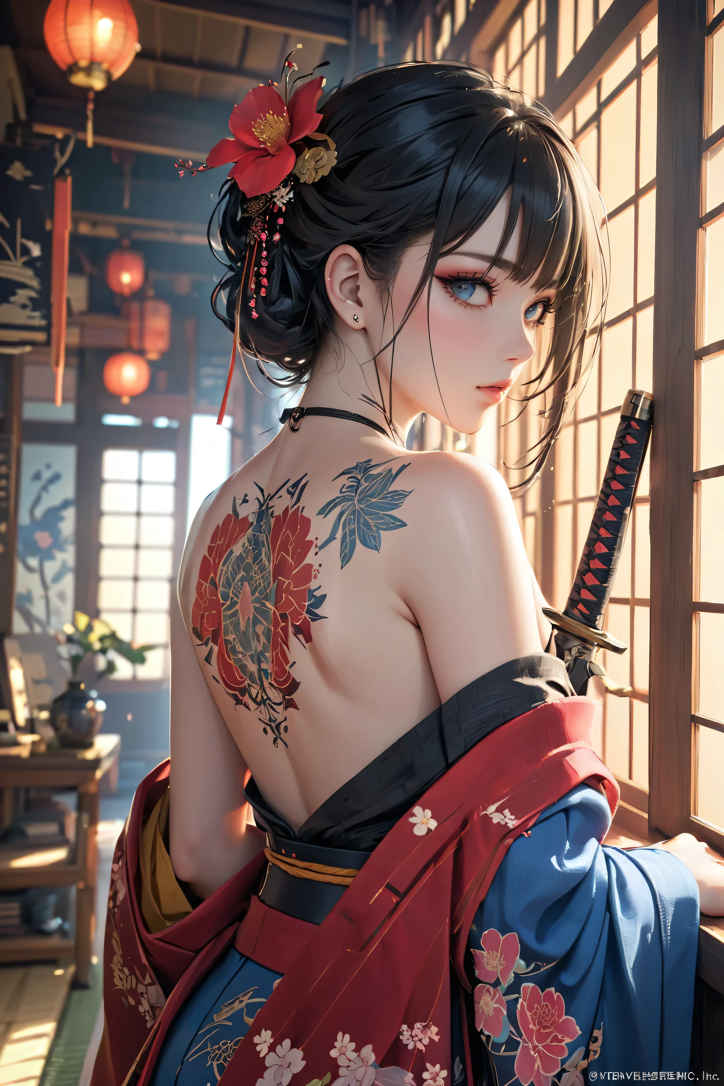 (masterpiece, top quality, best quality, official art, beautiful and aesthetic:1.2),1girl, tattoo, solo, japanese clothes, hair ornament, unsheathing, black hair, sheath, back tattoo, blue eyes, off shoulder, bare shoulders, looking back, from behind, flower, looking at viewer, holding, makeup,
indoor,