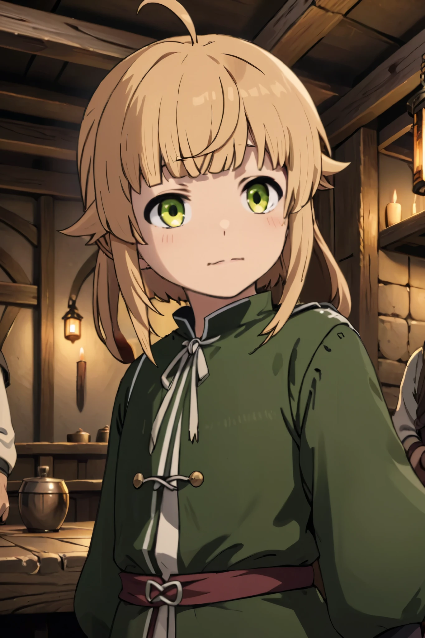 one 8- girl, (norn greyrat), standing in a medieval tavern
she is looking at viewer, her face is detailed and smooth, her eyes are hyper detailed, masterpiece
The soft lighting and detailed surroundings create an immersive environment where imagination runs wild,
draw it in the style of mushoku tensei,
hyper-detailed, high quality visuals, dim Lighting, sharply focused, octane render, 8k UHD