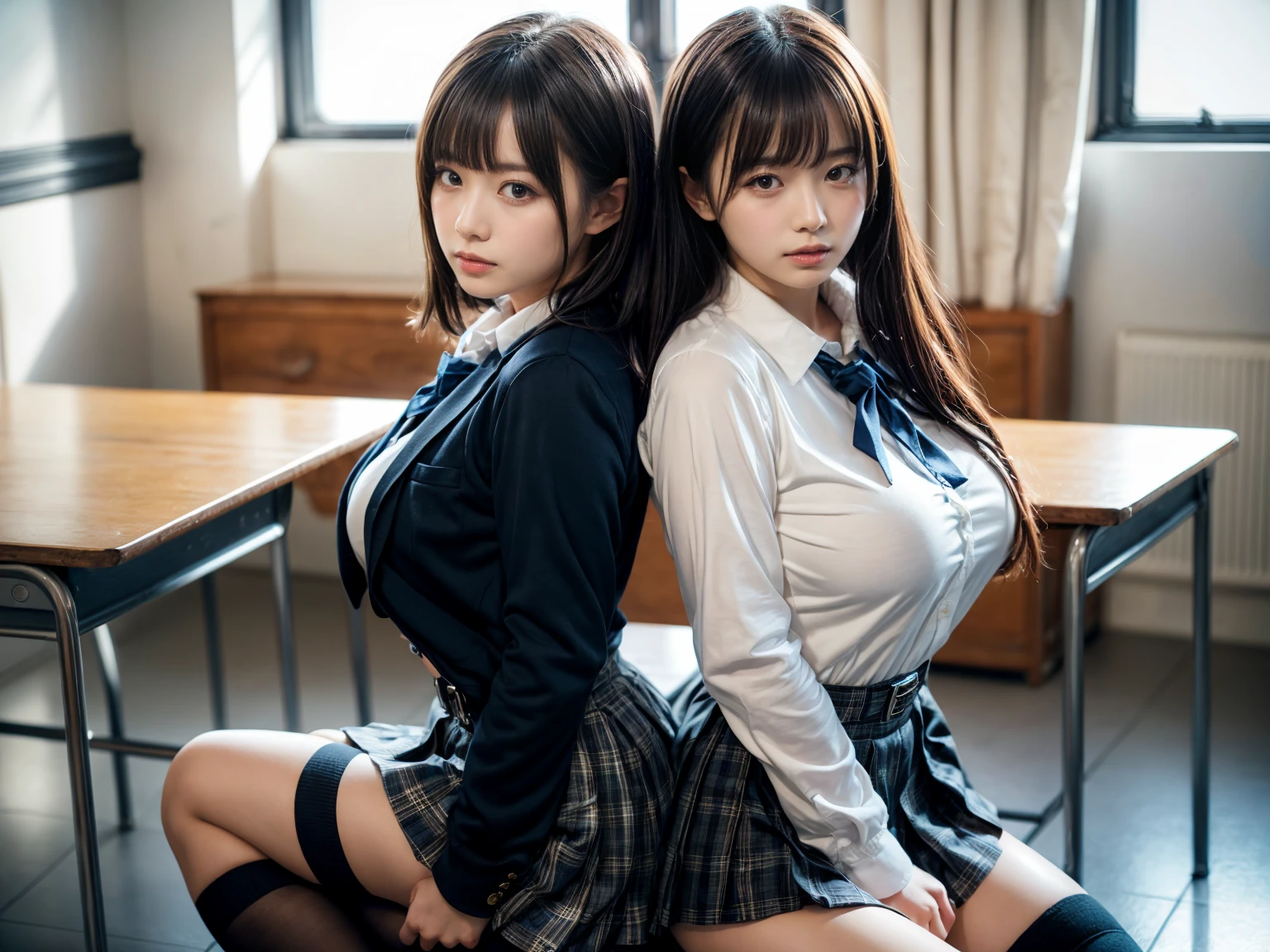 1beautiful girl, Beautiful students, (Slender body:1.2), Realistic, extremely detailed CG unified 8k wallpaper, ighly detailed, High-definition raw color photos, professional photograpy, Realistic portrait, Cinematic Light, Beautiful detailed, (Beautiful breasts:), (cleavage of the breast:1.2), (school uniform with wide open chest:1.5), (Mini skirt:1.3), (White lace panties:1.5), (Squatting:1.1), Indoors, school, (Best Quality:1.4), Super Detail, High quality,