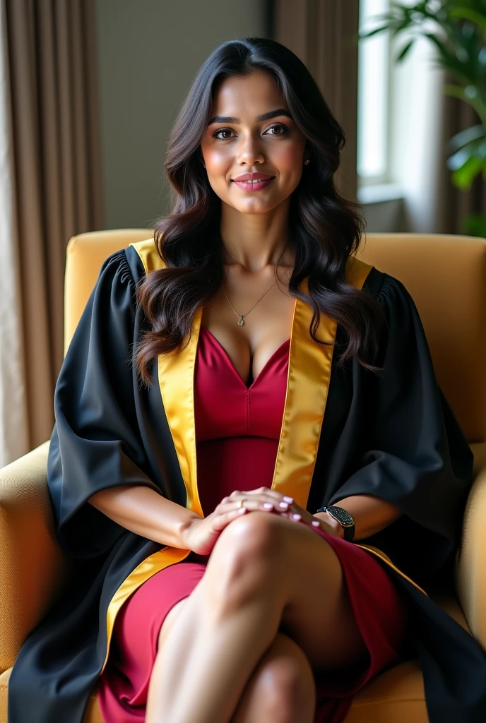  Wearing full body  Academic regalia  wealthy sri lankan average beautiful girl(massive breasts and look big  butt) sit in chair