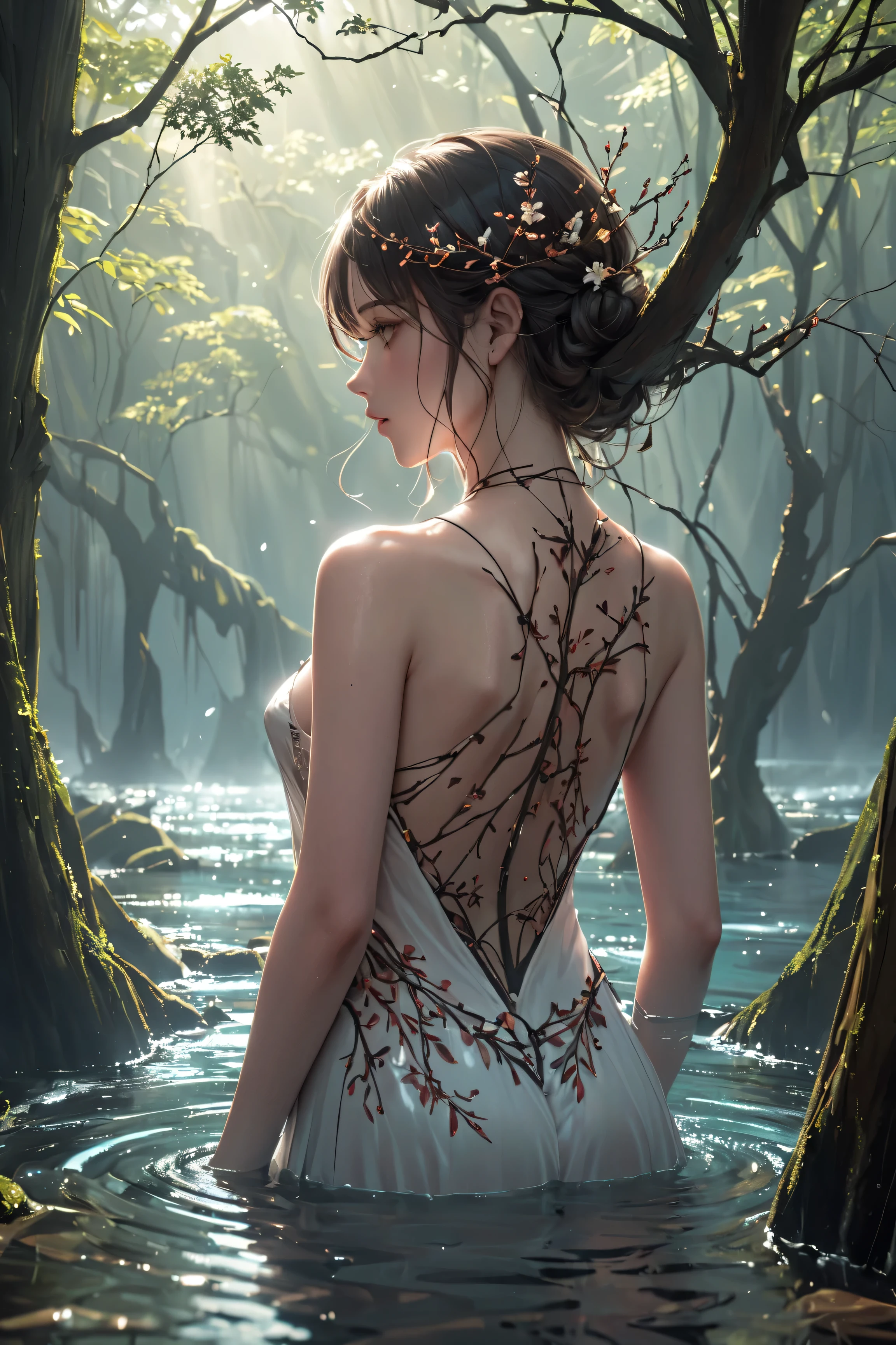 1girl,This picture depicts a surrealistic image of a woman blending with natural elements. A woman stands in the water,her back and hair gradually turning into branches and twigs of a tree,