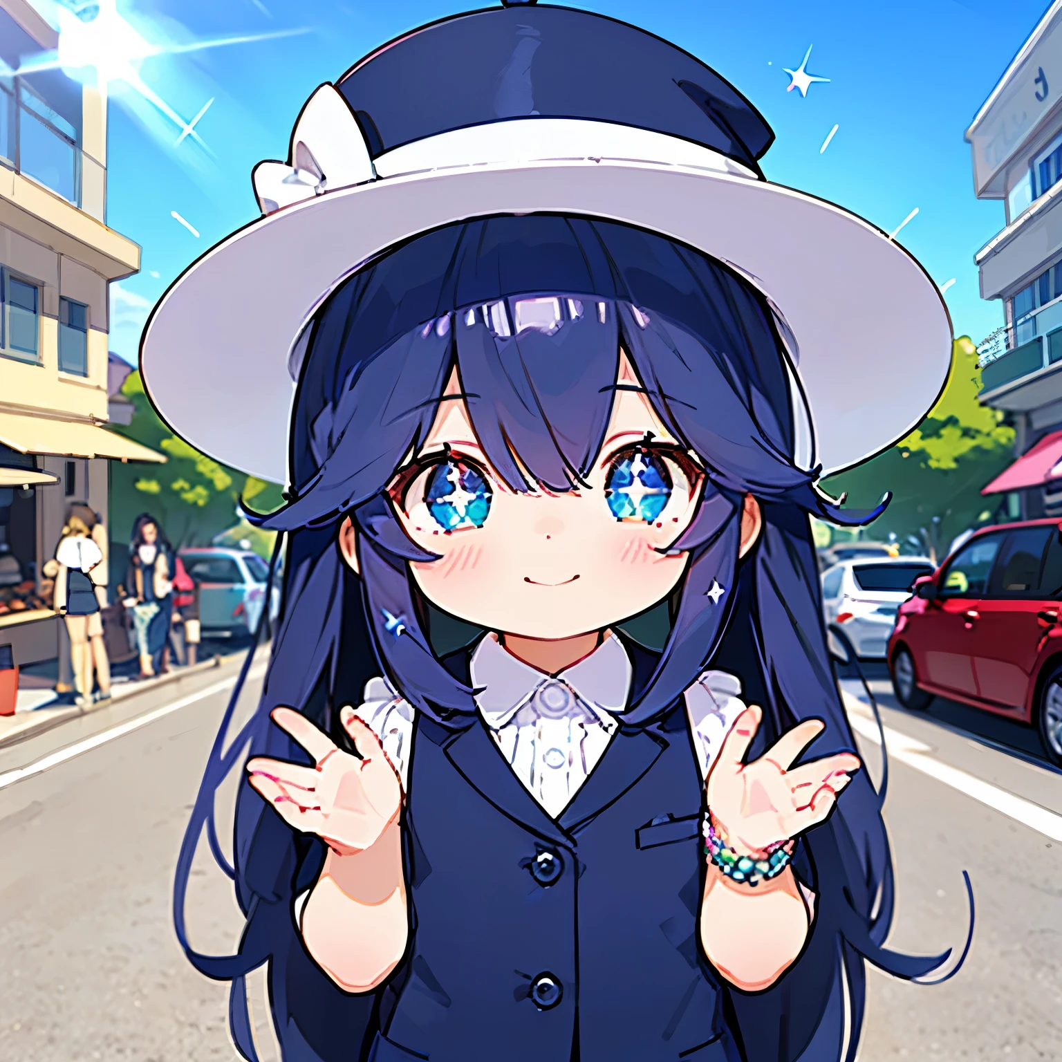 Girl doing magic on the street、Tuxedo、silk hat、Stronger blurgirl with、Clean hair ornament, Cute surreal bodies bien、(Detailed eyes, Eyes Like Gems, Sparkling eyes:1.3) , a smile, Blue sky,loly
