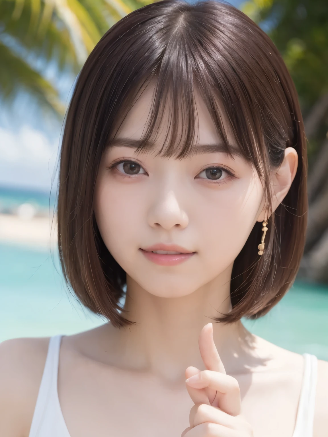 (Ultra photo realsisim), (Illustration), (High resolution), (8K), (Very detailed), (Best Illustration), (Beautiful detailed eyes), (Best Quality), (ultra-detailliert), (masutepiece), (wall-paper), (Detailed face),full of sweat,full body Esbian,,brunette color hair,cleavage,Solo,Cosplay, japanes, Big Tits, Smile,夏天、mare