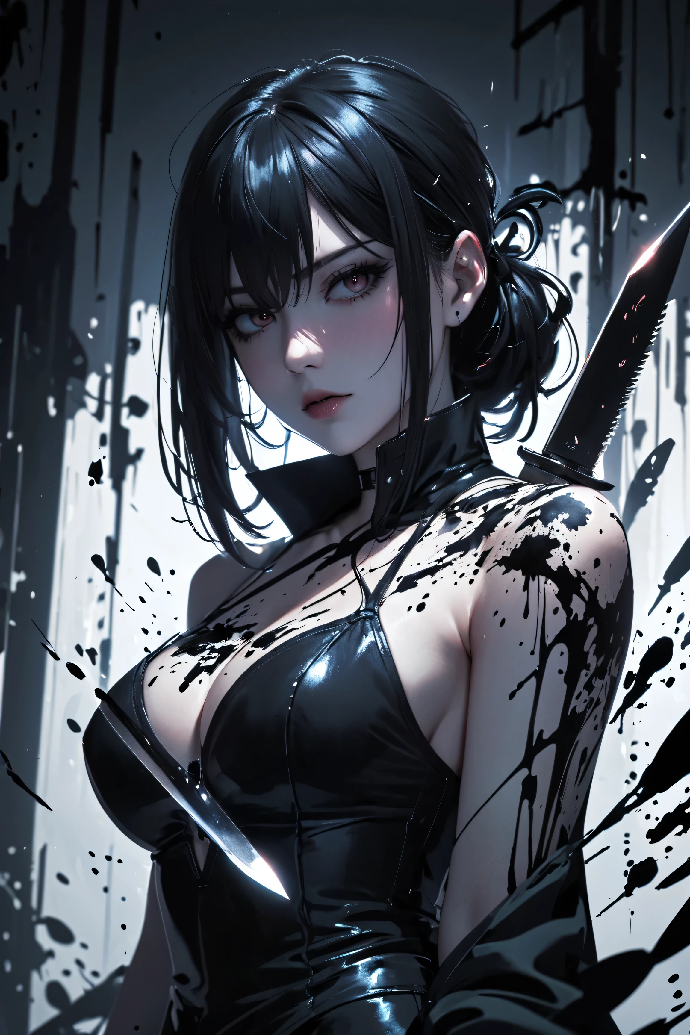Realistic, High resolution, Soft Light,1 Female, alone, Hip Up, (Detailed face), we \(one piece\), tattoo, jewelry,kochou shinobu,Multicolored Hair,No bangs,Hair Intake,Purple eyes,amount,Black Shirt,Black trousers,Haori,butterfly,button,belt, knife, ((torn clothing:1.5)), ((Voluptuous body)), ((Expressions of pain)),