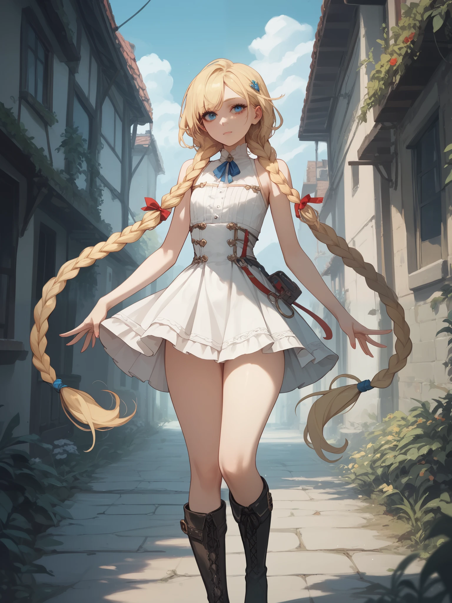 Miquella, sleeveless sweetheart dress, mini skirt, knee-high boots, red and white clothes, sexy feminine man, flat chest, long braided locks, standing up, shoulders out, arms out, thighs out, gorgeous blue eyes, pretty face, perfect skin, blonde hair, perfect matte make-up, cute facial expression, has crush on you, bootylicious