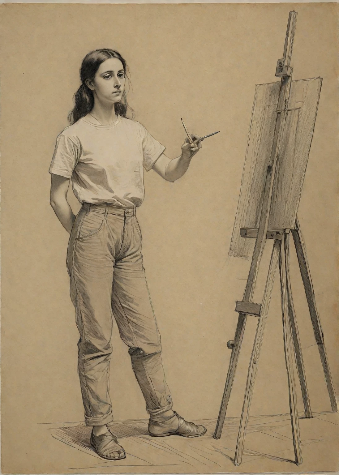 full body view of a beautiful nude 20 year old girl, pencil drawing