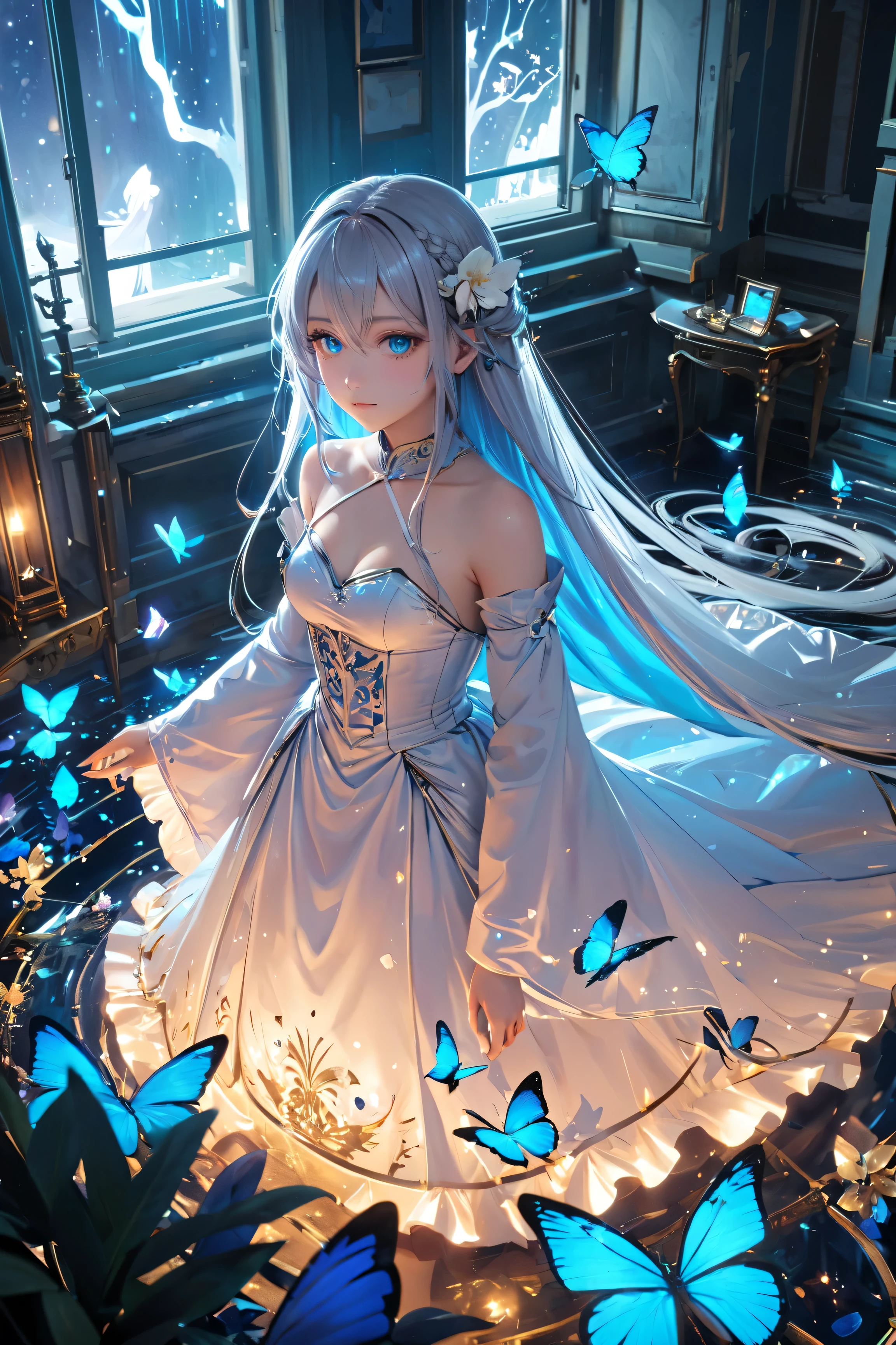 (Overhead view),dynamic angle,ultra-detailed, illustration, close-up, straight on, 1girl, (fantasy:1.4), (azure blue eyes:1.233),Her eyes shone like dreamy stars,(glowing eyes:1.233),(beautiful and detailed eyes:1.1),(Silver hair:1.14),(messy hair,very long hair,french braid,hair between eyes,sidelocks), (+(bule hair flower:1.14)),(chiffon dress,bule flower pattern in uniform)/=(military uniform:1.24),(detached sleeves,wide sleeves),(fingerless gloves),choker,(miko thighhighs),High heeled boots,(expressionless,closed mouth),(standing), (classical Princess boudoir with dressing tableand french windowin a white ancient palaces),(white flowers,bloom),(abysmal sea),(flowing water),(a dull blue world tree:1.14),(ruins),(night:1.2),dreamy,soul,(fluorescence),(flying translucent blue butterflies:1.15), [[delicate fingers and hands:0.55]::0.85],(detail fingers),(yubao:0.5),