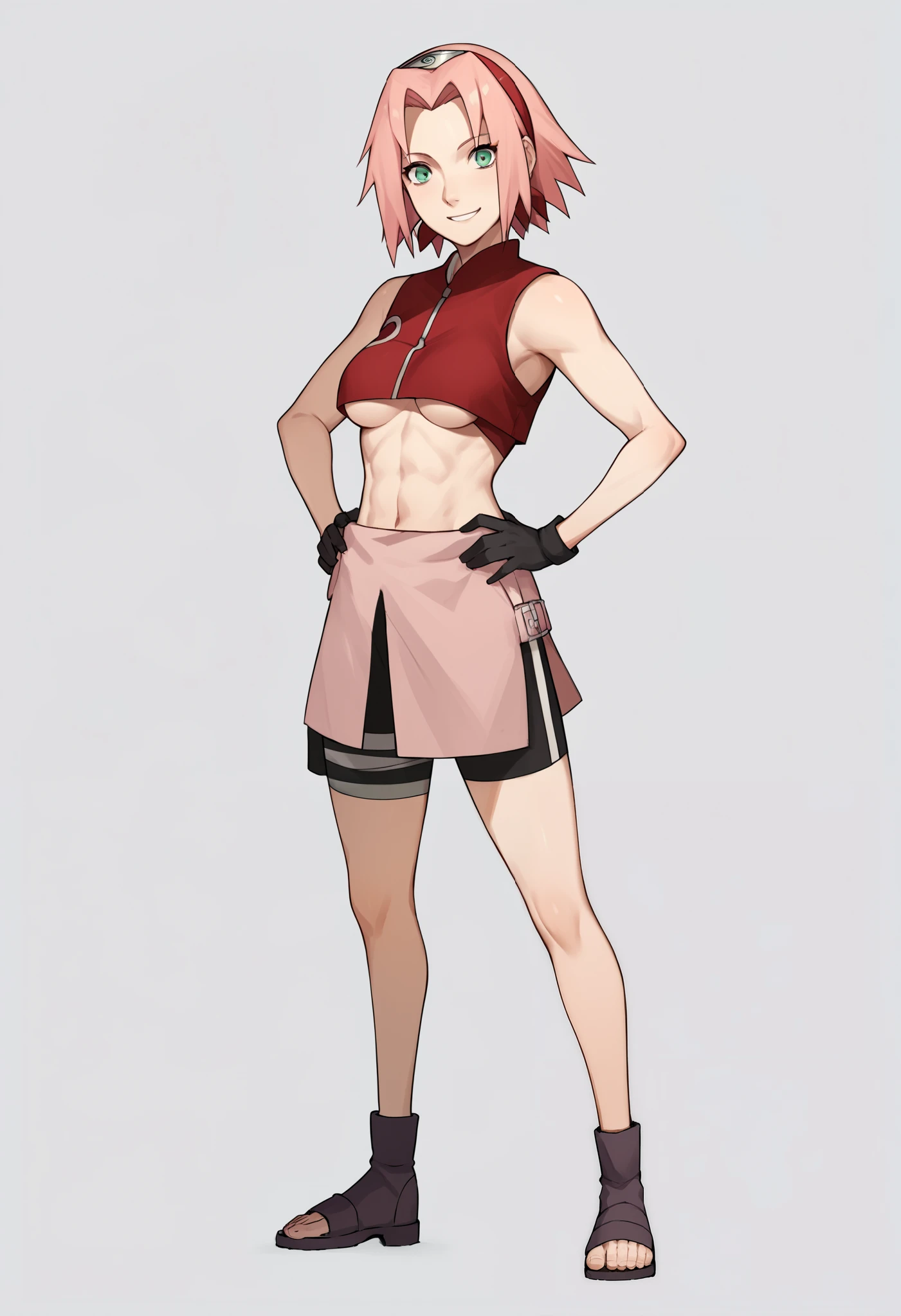 source_anime,
1girl, haruno sakura, pink hair, short hair, green eyes, sleeveless, red shirt, forehead protector, beautiful legs, black gloves,
standing, pussy, bottomless, full body, looking at viewer, solo, konoha background, konohagakure hiden village background, spread legs, pussy