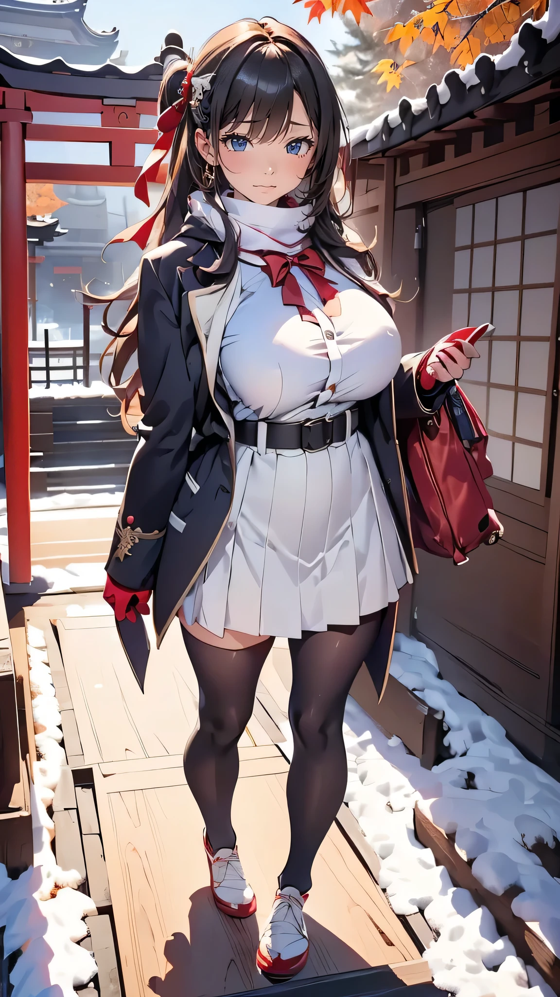 ultra-realistic, photorealistic, dramatic scene, shadow, global-illumination, solo, (age Japanese famous idol girl), very beautiful fragile Japanese girl, very beautiful with very cute but boyish cool face, (very large breasts), slim waist, (wearing a gray colored Japanese high school cute uniform of white shirt with blazer and skirt), (red ribbon), (stylish winter coat), ((checked dark red woolen scarf)), (glove), (She is wearing dark navy tights), (very large breasts), (The cat is hiding in her backpack), (A giant fat cat peeks out of her backpack), (She is snowboarding down the long snow-covered steps of the shrine:1.3), (she is holding very large bouquet of colorful flowers and showing it to viewers), Red torii gate of the shrine, heavy snow, A few autumn leaves can be seen among the leafless trees, she looks so happy, happy smile, Beyond the stairs the splendid main hall of the shrine can be seen