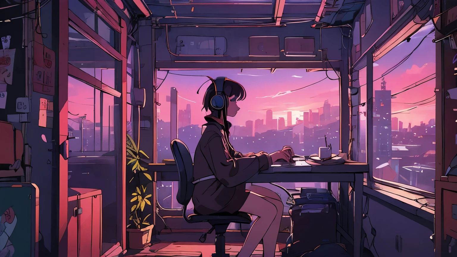 anime character sitting at a desk with a laptop and headphones, lofi girl, lofi artstyle, lofi art, lofi feel, lofi girl aesthetic, lofi, lofi colors, lofi hip hop, lofi vibe, lofi vibes, lofi portrait, satoshi kon artstyle, lofi aesthetic, style in ghibli anime style