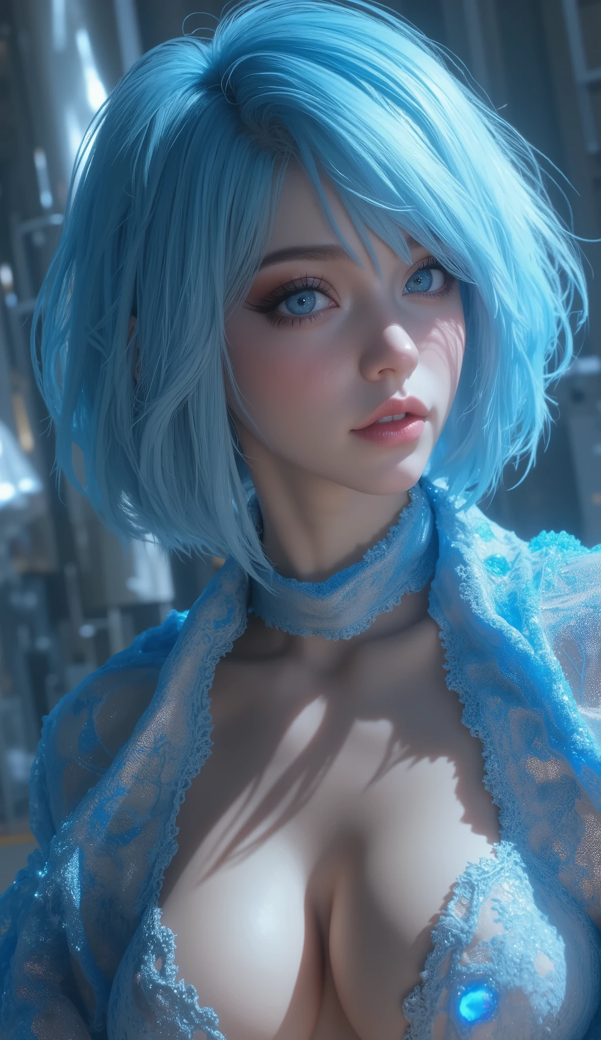 (((Masterpiece))), ((( best quality ))), (( ULTRA DETAILS)), ( highly detailed CG illustration), (( extremely delicate and beautiful)), cinematic lights ,((1 person)), Alone, ( upper body), ( Character Focus ), is ridiculous, high contrast , Extremely Detailed, colorful , Best Details , sci-fi, ( light blue hair), blue eyes, Toned Abs , wide open chest , topless, Add details,