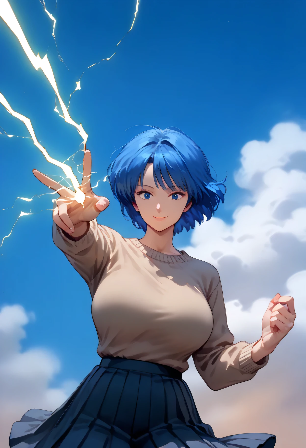 NSFW,((Fly in the sky)), fly like a heroine((descending from the sky:1.38)),((floating in the sky:1.48))、((falling from the sky:1.48)),((anime colorin:1.2)),((From her Fox's hand electricity:1.5)), closed mouth, Her hairstyle is short bob,((Trim her bangs)),blue hair color, ((large breasts)),curvy,inverted triangle face,Well-balanced limbs, gramer body, long limbs,1mature, ((outdoor:1.2)), action pose,AOI YUME Masakazu Katsura drowning,((1mature:1.2 )), anime,Masakazu Katsura, AOI YUME、(looking at from the front), Look at the camera,(1mature), AOI YUME,smile, close mouth , 1mature, alone, Aoi Yume, Casual brown sweater, gray long pleated skirt