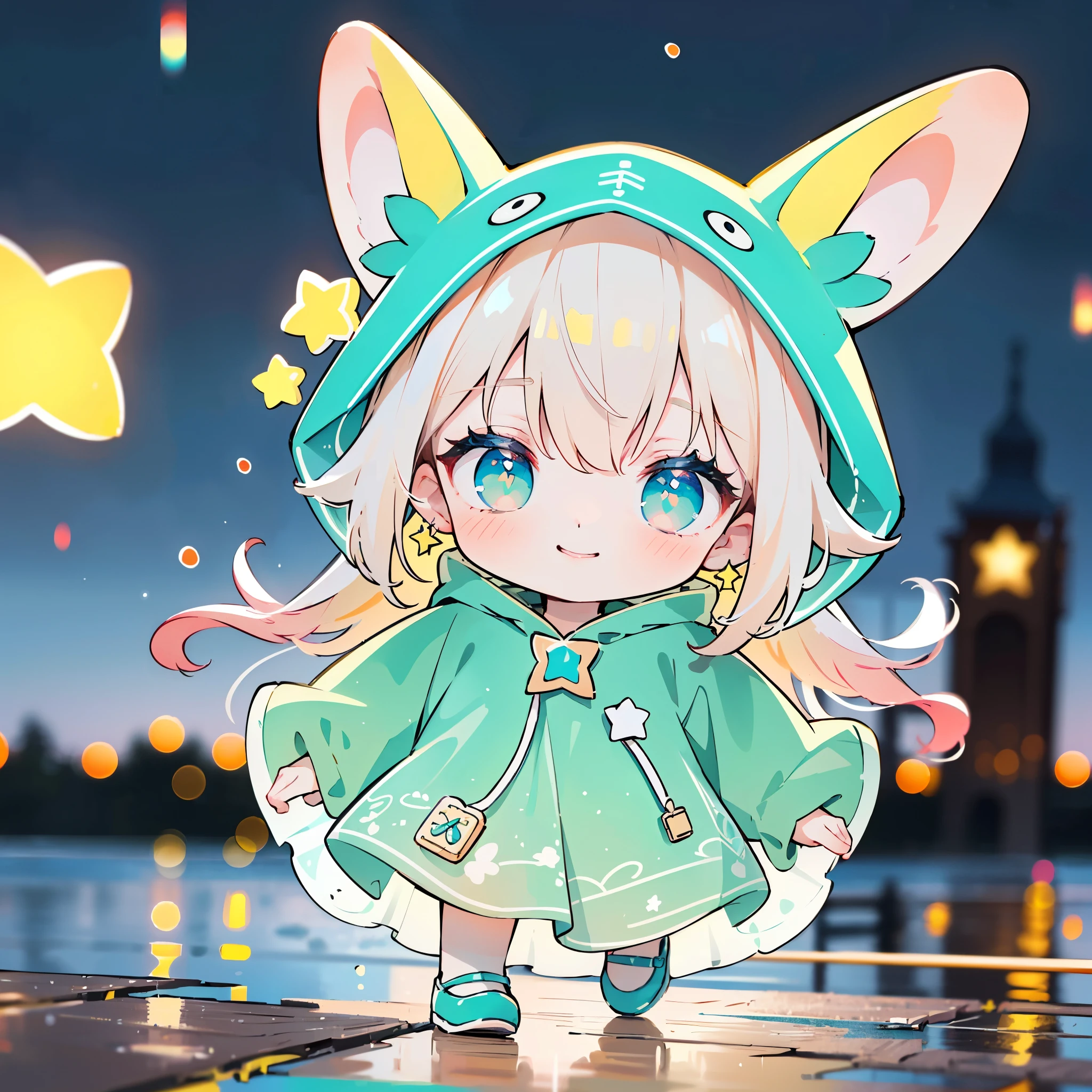 elf, earrings, pop style, glowing, raincoat , girl with a shiny jelly style, animal hood, shoes, raining,
(cute:1.1,solo, 1girl), (smirk smile), (full body:1.4), soft light, walking,
perfect(face ,eyes , nose, hands , arms), detailed fingers, extremely detailed eyes and face, beautiful detailed nose, beautiful detailed eyes, extremely detailed, CG, 8k wallpaper, Amazing, finely detail, (masterpiece:2.0, best quality), (intricate details, depth of field), beautiful detailed girl, glossy pink lips, aqua eyes, ((long hair), (colorful gradient multi-colored blonde hair)), adorable, (cozy, animation scenes, scenery, starry stars, PIXIV, outdoors, town), (wide, fisheye angle view),