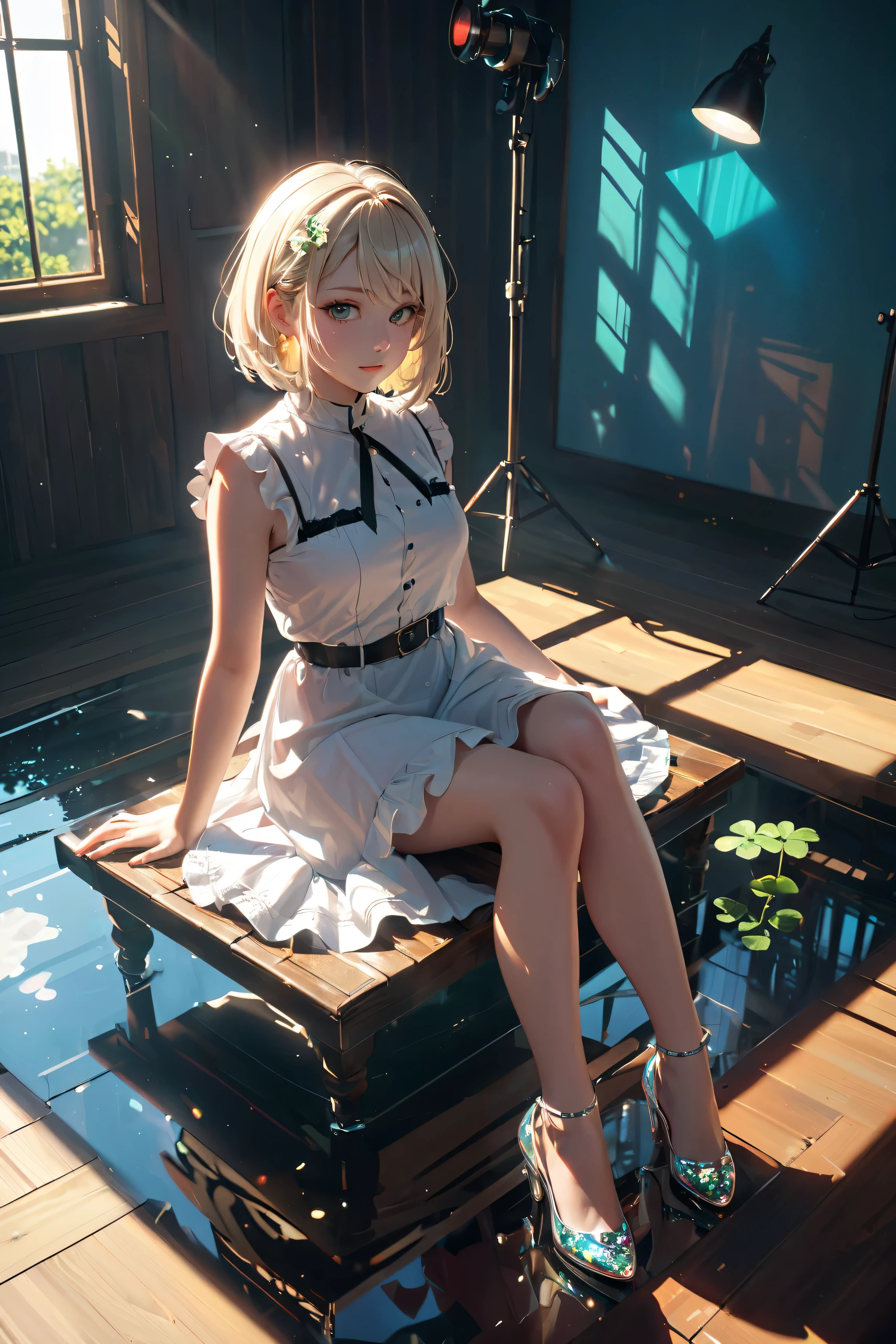 absurdres, RAW photo, extremely delicate and beautiful, masterpiece, Best Quality, ultra high resolution, 32k, hyperrealistic, ultra-detailed, detailed description, perfect anatomy, pale skin, 20 years old, detailed beautiful face and eyes, tearful mole, earring, short medium hair, wavy hair, full body shot, colossal tits, school_uniform, dress shirt, pleats skirt, School Pool,