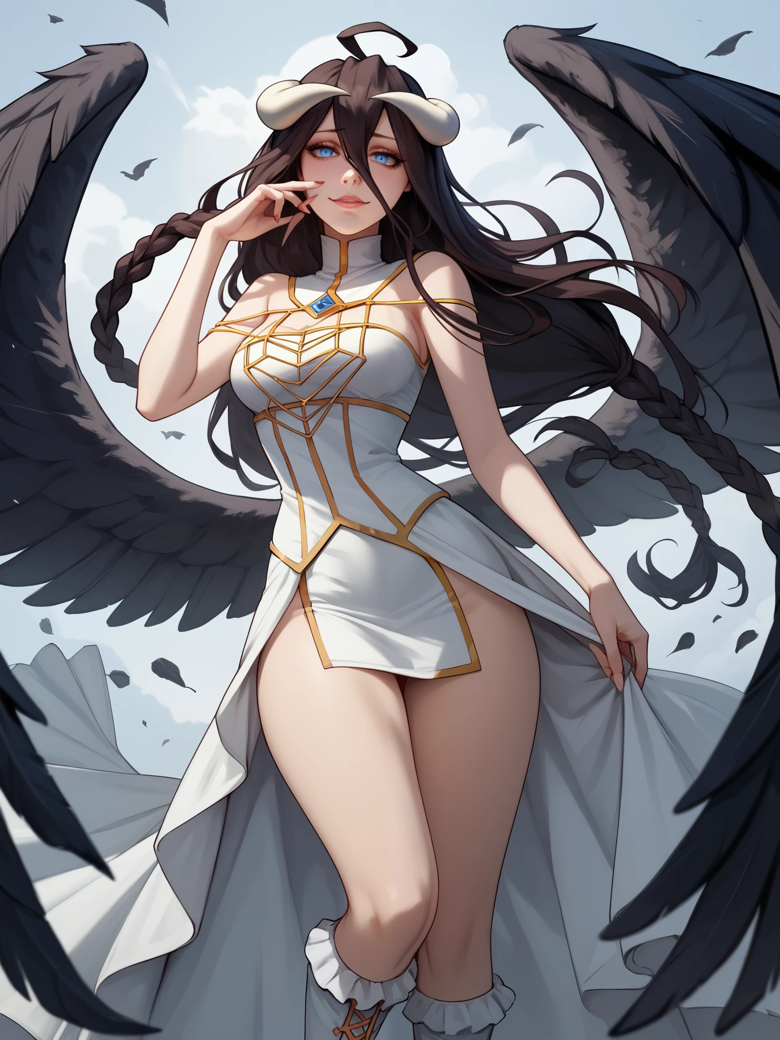 ((masterpiece)), (best quality),, official art, extremely detailed CG unity 8k wallpaper, highly detailed, shiny skin, Depth of field, vivid color,, 1girl, (curvy:0.6), (full body:0.8), girl wearing skirt or dress, sexy , portrait sophie mudd, casual pose, gorgeous young model, cute young woman, a beautiful -aged girl, very pretty model, young , cute young girl, beautiful young girl, beautiful model, long black hair, dark hair, shiny hair, young and cute girl, girl, Albedo, Overlord, Albedo anime, anime, looking at me, high shadow texturing, shadows included, looking epic, epic background, epic place, single person, nobody else, wearing swimsuit,horns, wearing somethink cute, wearing cute dress, adorable, kawaii, cute, proud, happy, definision of happines, sun is shining, sunshine, epic lighting, sunning, 18+ , epic background, super epic backgorund, backgorund theme, suepr shadowing, shadows, dynamic lighting, wearing sexy clothes, maybe wearing thin dress, dress, clothing interesting, sexy clothes