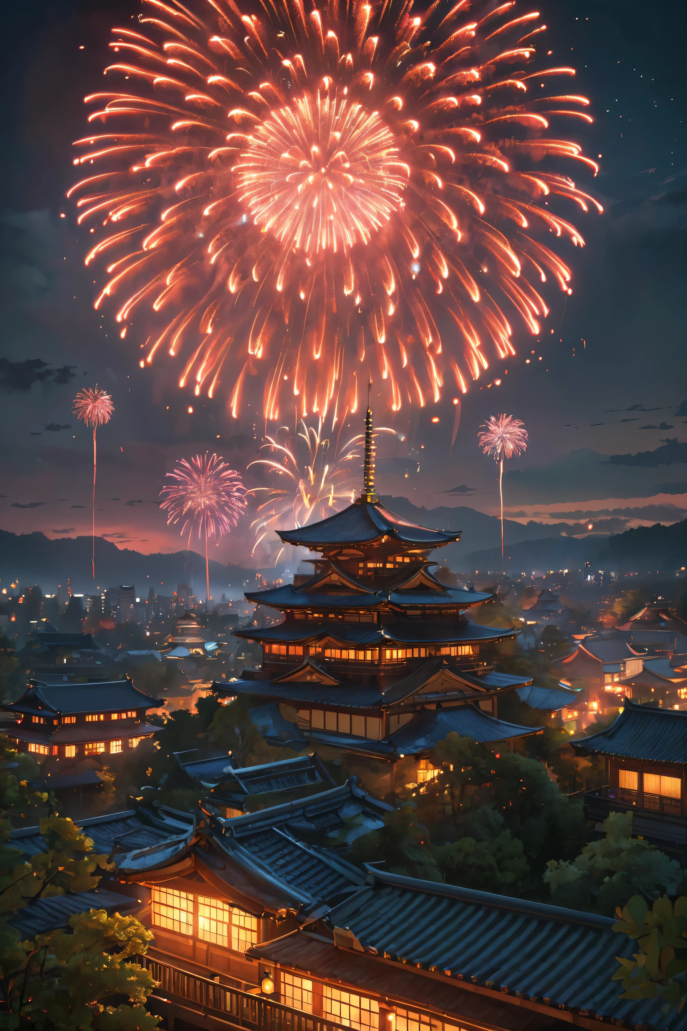 A highly detailed digital illustration of a massive fireworks display over a traditional Japanese castle in Kyoto, late in the evening, anime style, with a focus on the colorful fireworks, intricate architectural details of the castle, and a serene late evening atmosphere, (best quality,4k,8k,highres,masterpiece:1.2),ultra-detailed,(realistic,photorealistic,photo-realistic:1.37),detailed castle,detailed fireworks,anime style,fireworks focus,kyoto castle at night,late evening,beautiful detailed sky,beautiful detailed architecture,detailed traditional japanese aesthetic,detailed lighting and shadows,vibrant colors,stunning composition