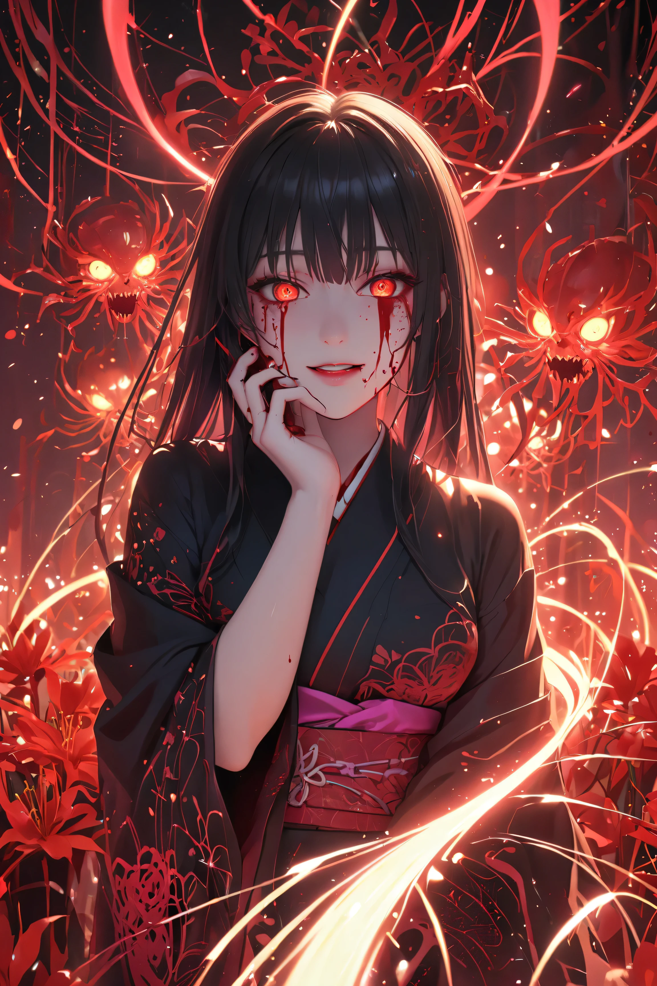 best quality masterpiece, AkagiV5, 1girl, solo, black hair, black kimono, brown tail, partially fingerless gloves, japanese clothes, kimono, long hair, looking at viewer, ((red eyes)), smile, glowing eyes, hands on own face, spider lily, sakuramon, ((blood swirl)), (yandere:1.4), (glowing eyes:1.4), crazy eyes, 