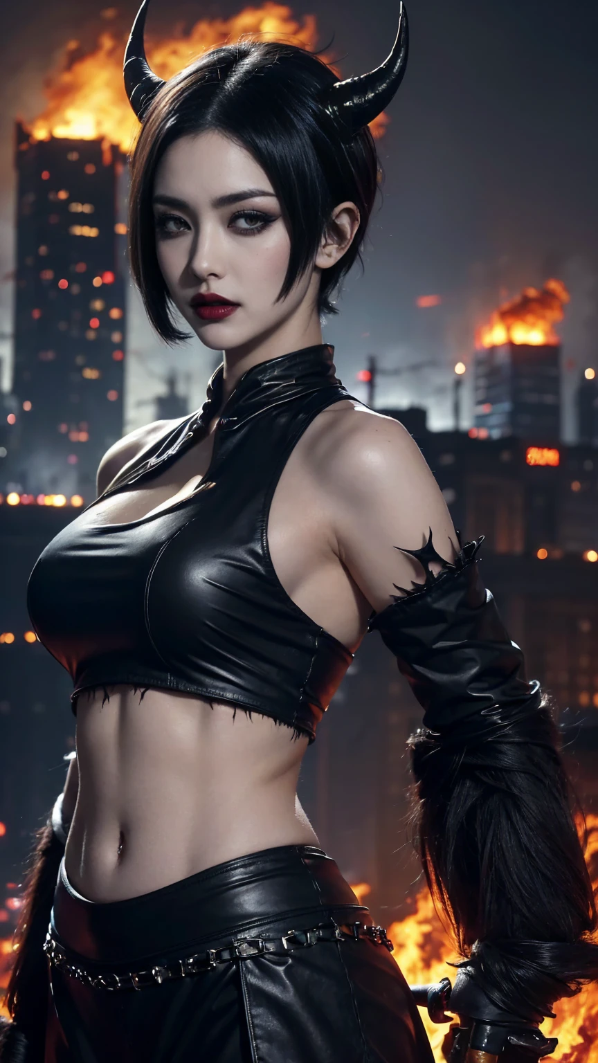 Eliza From Tekken, sensual smile, in a black bra and cleavage, with a coat draped over her shoulders, in short shorts, at home, soft lighting in the room with orange and dark tones