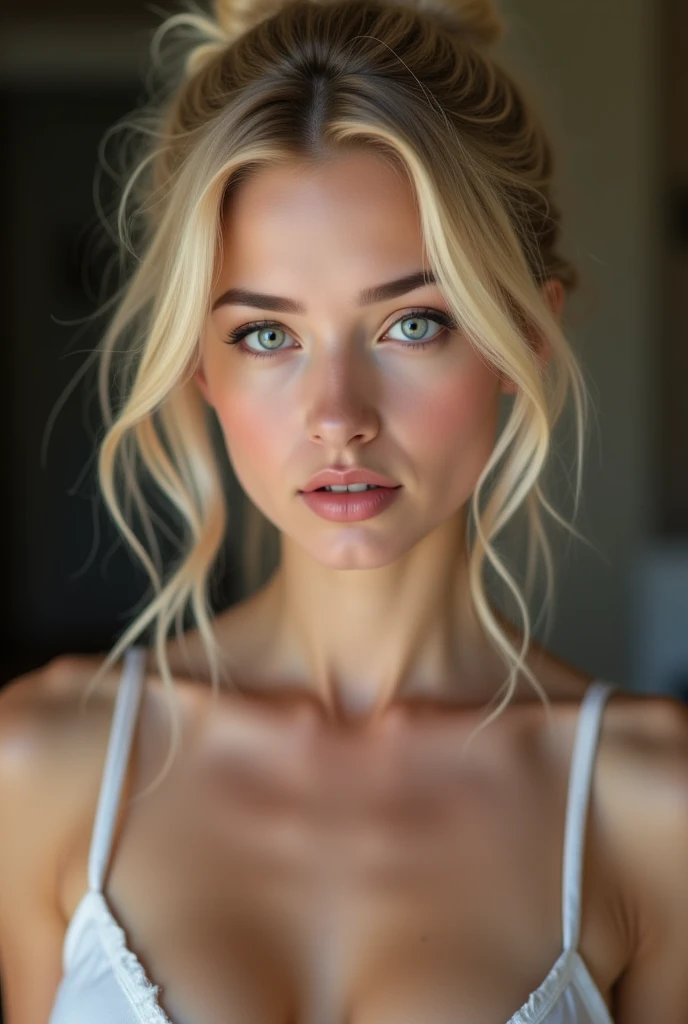 aesthetic looking woman (Age 22). blonde hair in a formal bun, snow white skin and baby blue eyes, contour on the pink cheekbones, serious expression, She wears a black top, and the handle is chain style, closeup, Bedroom Scenario