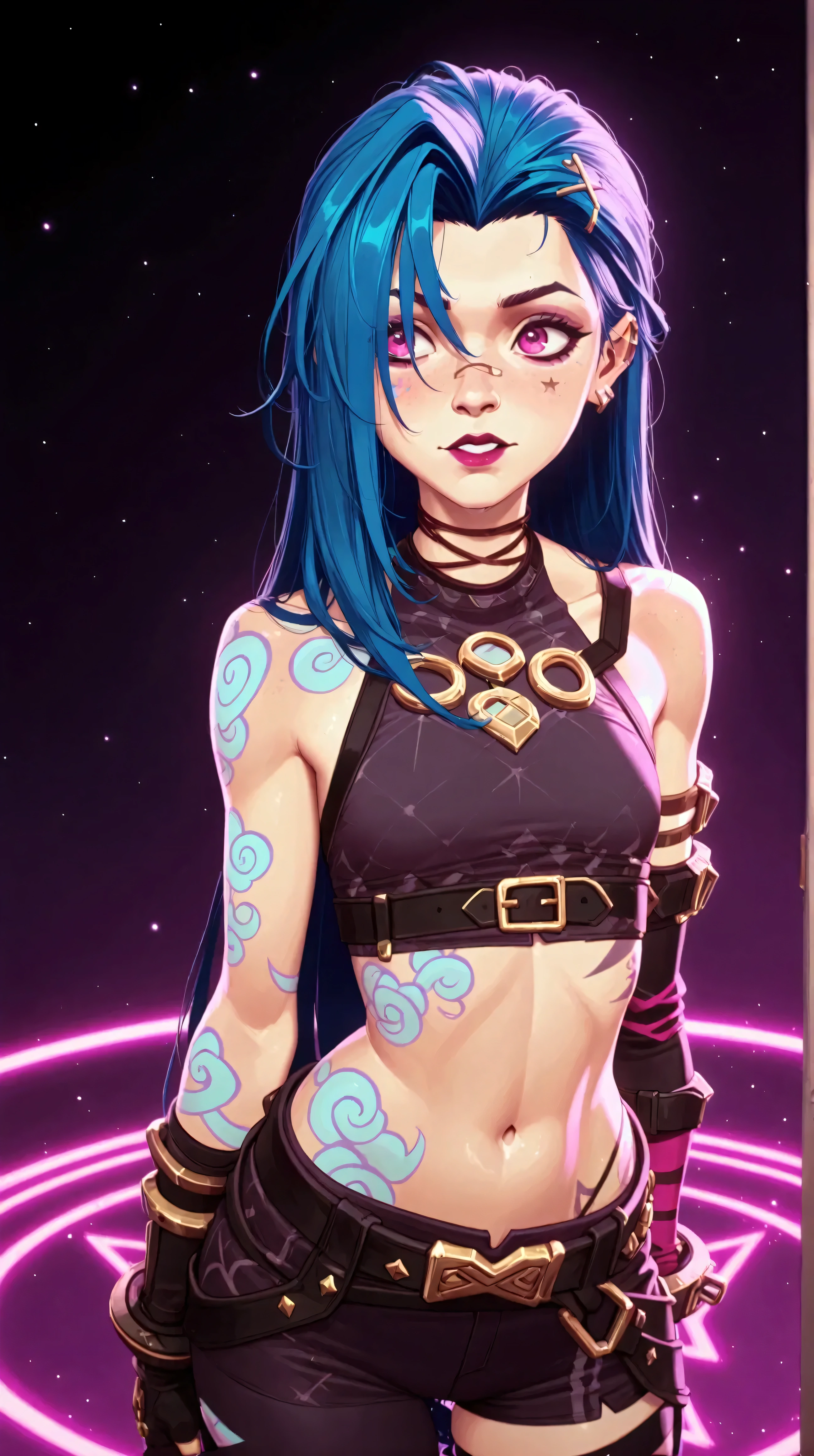 Générez une image créative d'un personnage inspiré du concept de "nu jinx", sexy, séduisante, rebelle. Mettez en valeur sa jupe légère et courte. Assurez-vous que la description met en valeur sa jupe avec un contenu explicite.