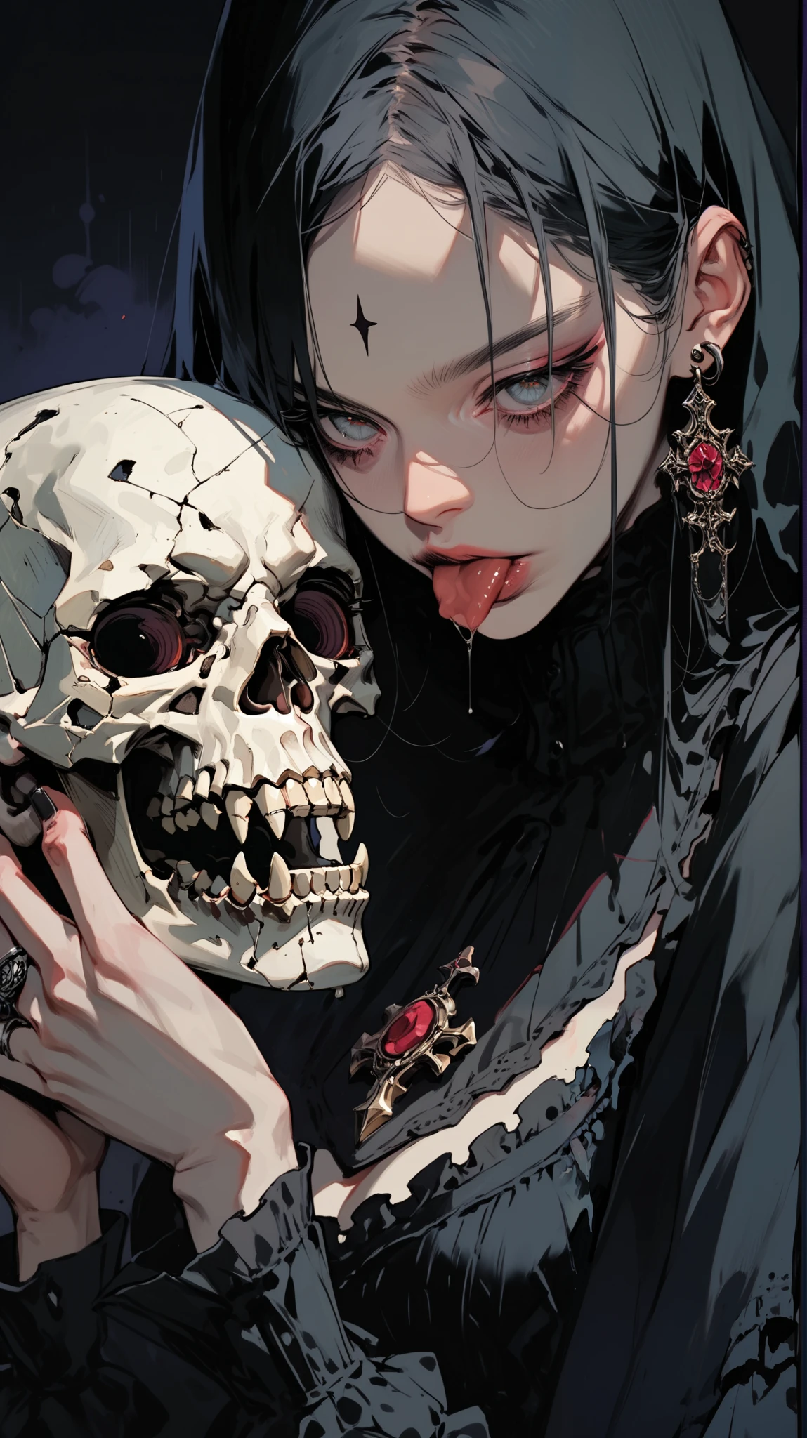 (best quality, masterpiece:1.2), a gothic princess holding a skull, licking its forehead, dark background, anime style, elaborate details