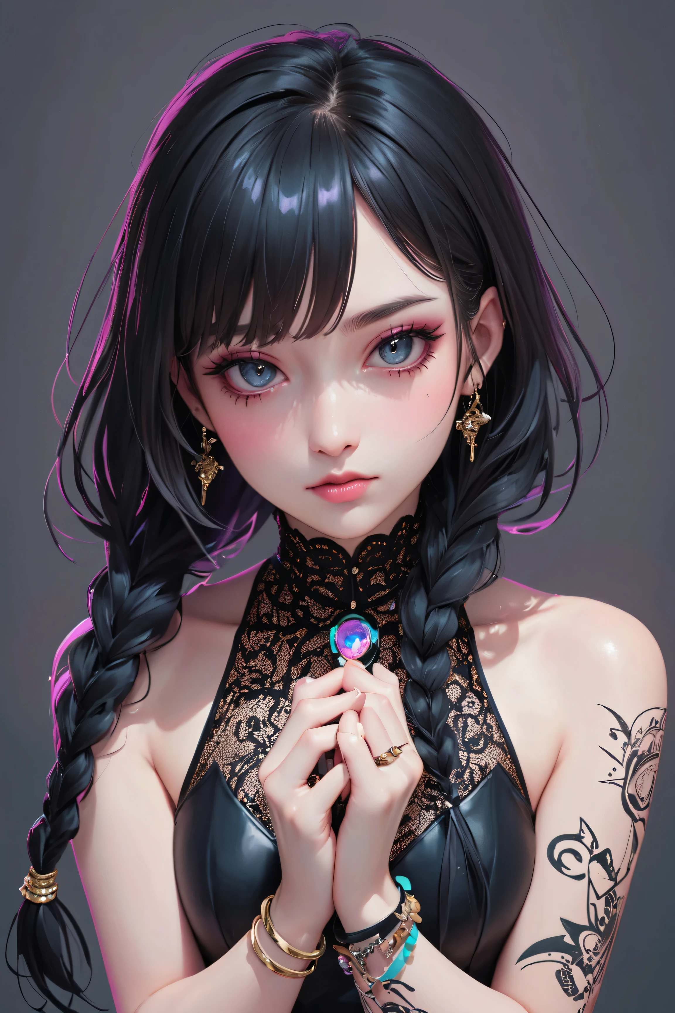 Manga style:1.5,  Close-up of a young woman with tattoos on her arms and left cheek,  bangs up to her eyebrows , light eyes,  her head tilted slightly downwards ,  looking at the camera ,  boucles sur les côtés de sa tête ,  wears long hair with braids Careful ,  Black hair,  boucles d'oreilles dans chaque oreille ,  elle appuie son menton avec les deux mains ,  she wears rings ,  tie suit on the top and shoulders , jupe courte moulante ,  long black media transparent , bracelets on their hands,  has a black teddy bear on her knees ,  gray background with different brushstrokes , gothic style:1.3, sombre,  Your expression is one of sadness  ,  digital art by Hikari Shimoda  , dans CGSociety  ,  surréalisme pop ,  low quality pop surrealism  ,  surréalisme pop  low quality art style, Beeple y Jeremiah Ketner,  Japanese pop surrealism  , Cute kawaii, low quality art,  bel art détaillé ,  illustration in the style of Guweiz  ,  surrealist pop art style 