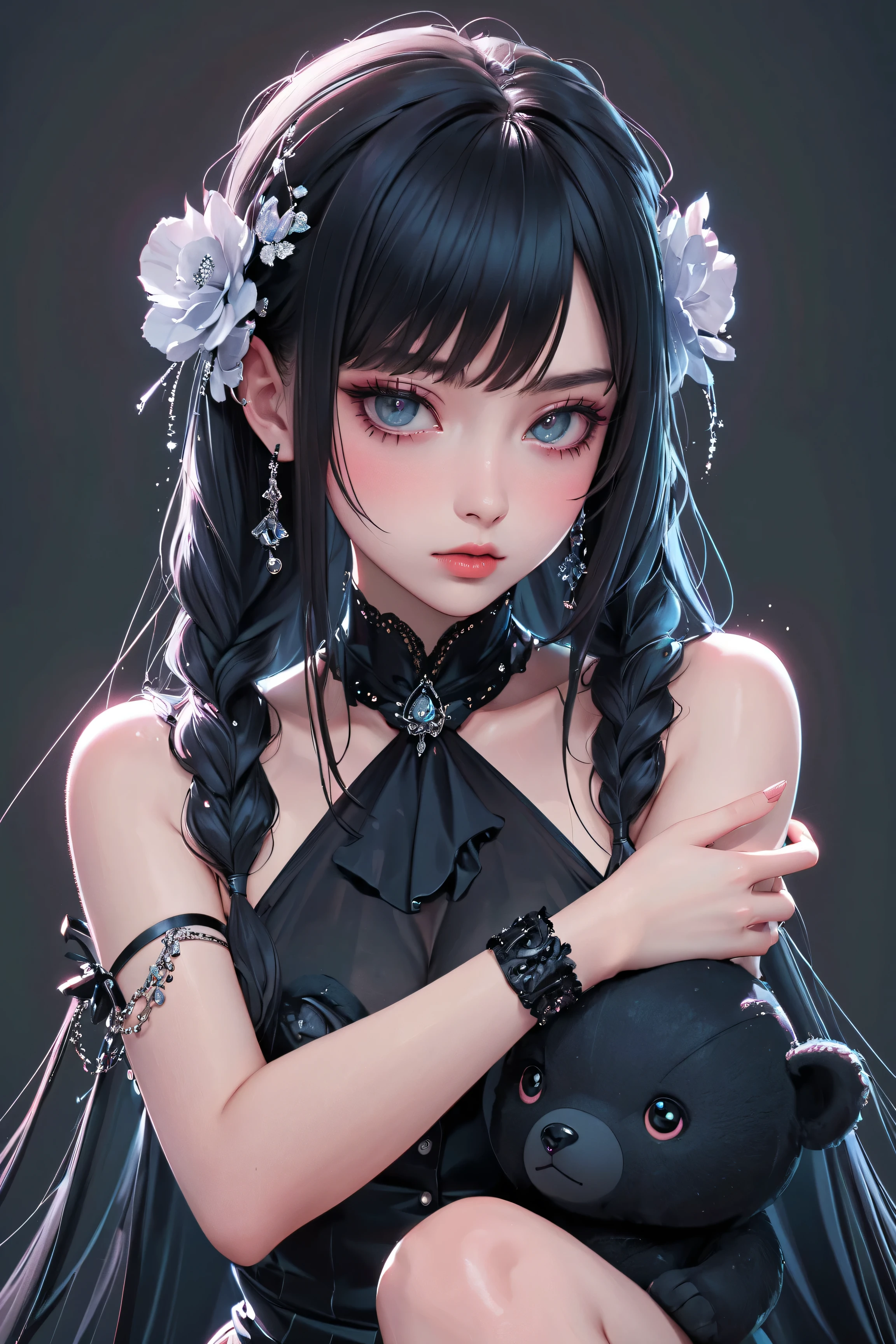 Manga style:1.5, Close-up of a young woman with tattoos on her arms and left cheek, bangs up to her eyebrows , light eyes, her head tilted slightly downwards , looking at the camera , boucles sur les côtés de sa tête , wears long hair with braids Careful , Black hair, boucles d'oreilles dans chaque oreille , elle appuie son menton avec les deux mains , she wears rings , tie suit on the top and shoulders , jupe courte moulante , long black media transparent , bracelets on their hands, has a black teddy bear on her knees , gray background with different brushstrokes , gothic style:1.3, sombre, Your expression is one of sadness , digital art by Hikari Shimoda , dans CGSociety , surréalisme pop , low quality pop surrealism , surréalisme pop low quality art style, Beeple y Jeremiah Ketner, Japanese pop surrealism , Cute kawaii, low quality art, bel art détaillé , illustration in the style of Guweiz , surrealist pop art style