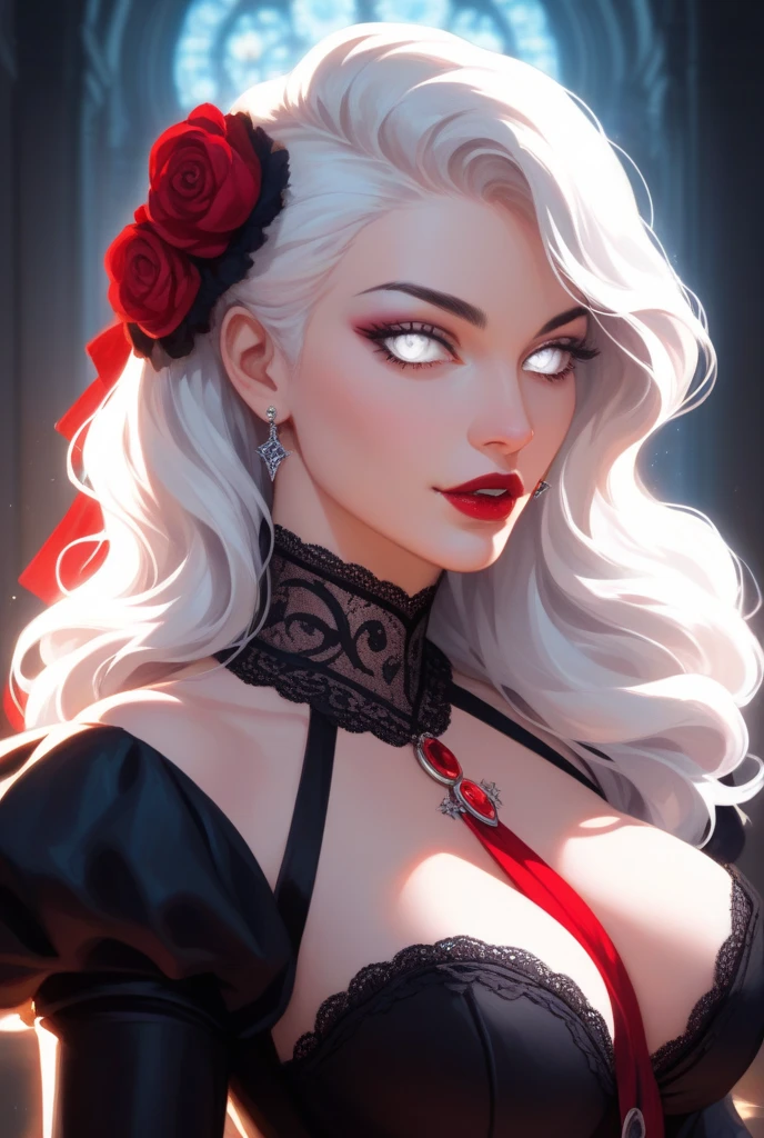 Vampire Queen, long light gray hair, crown on head, large chest, G cups, exposed collarbone, holding red rose, ruby, dark style, backlit, film grainy, fluorescent, full body photo, 1080P.