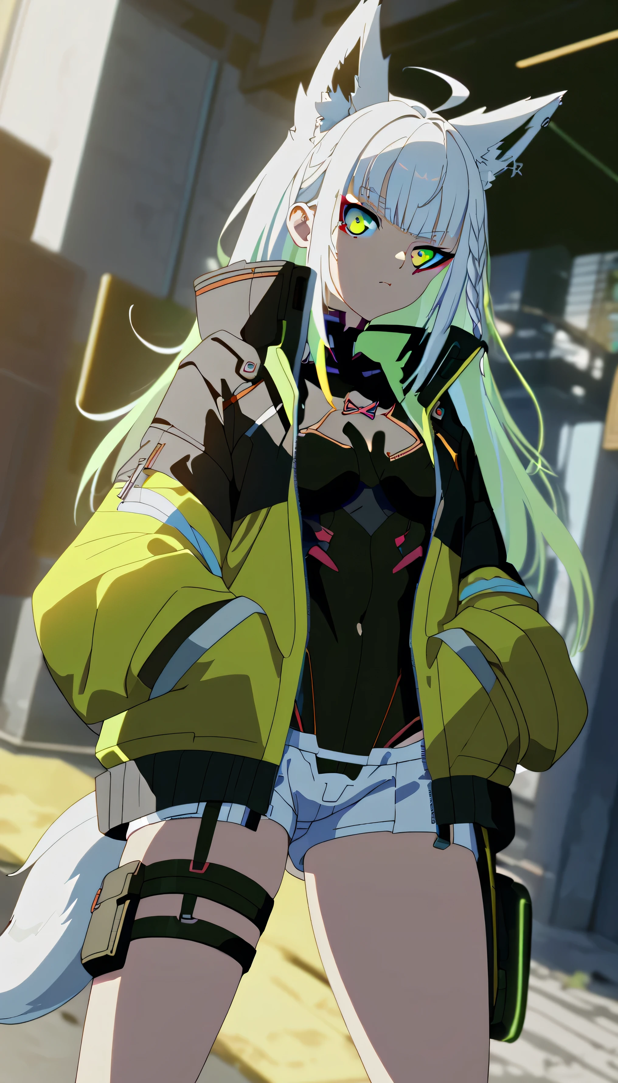 long hair, bangs, green eyes, white hair, multicolored hair, makeup, green eyes, large breasts, bare hips, bodysuit, jacket, leotard, monowire, open clothes, open jacket, skindentation, fox ears, fox tail, cyberpunk, yellow tint, cyborg, outdoors, street lane, entrance of the house, window, city background, white shorts, microshorts, cowboy shot, pentagram on the tail, dutch angle, (afternoon), black leotard, green tint, bloom, high contrast, tone mapping, Hands in your pocket, thigh strap, single side braid, ahoge, piercing, blurry background, neon, ((yellow tint))