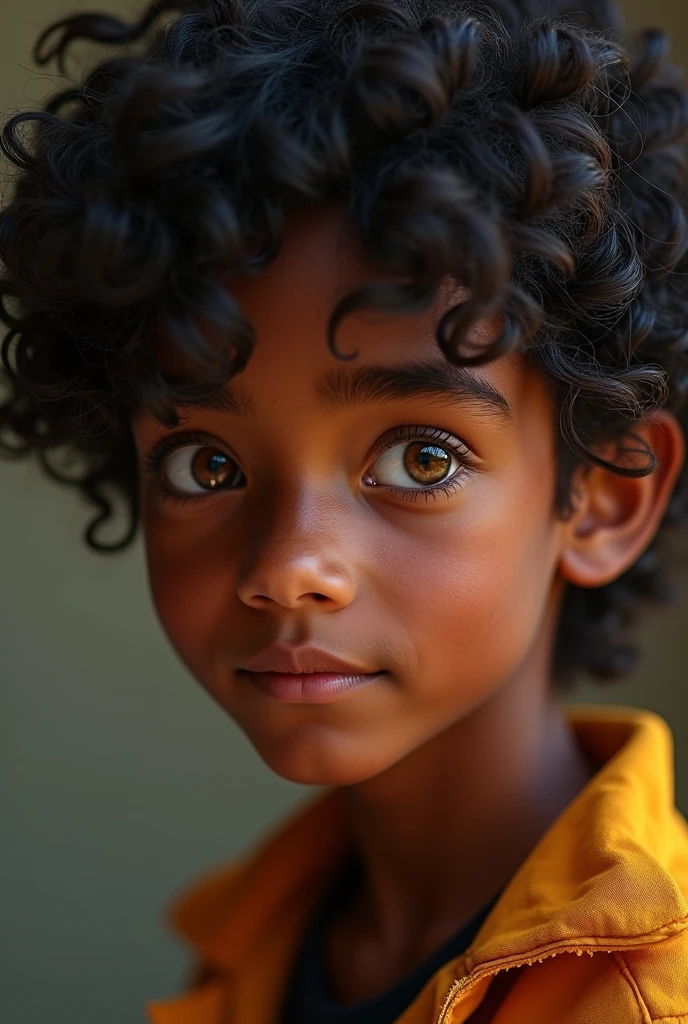 (((dark-skinned))), illustration avec un jeune garçon, curly hair, peau noire, yeux verts, with full lips, traits délicats du visage, (1 jeune homme dans la vingtaine)