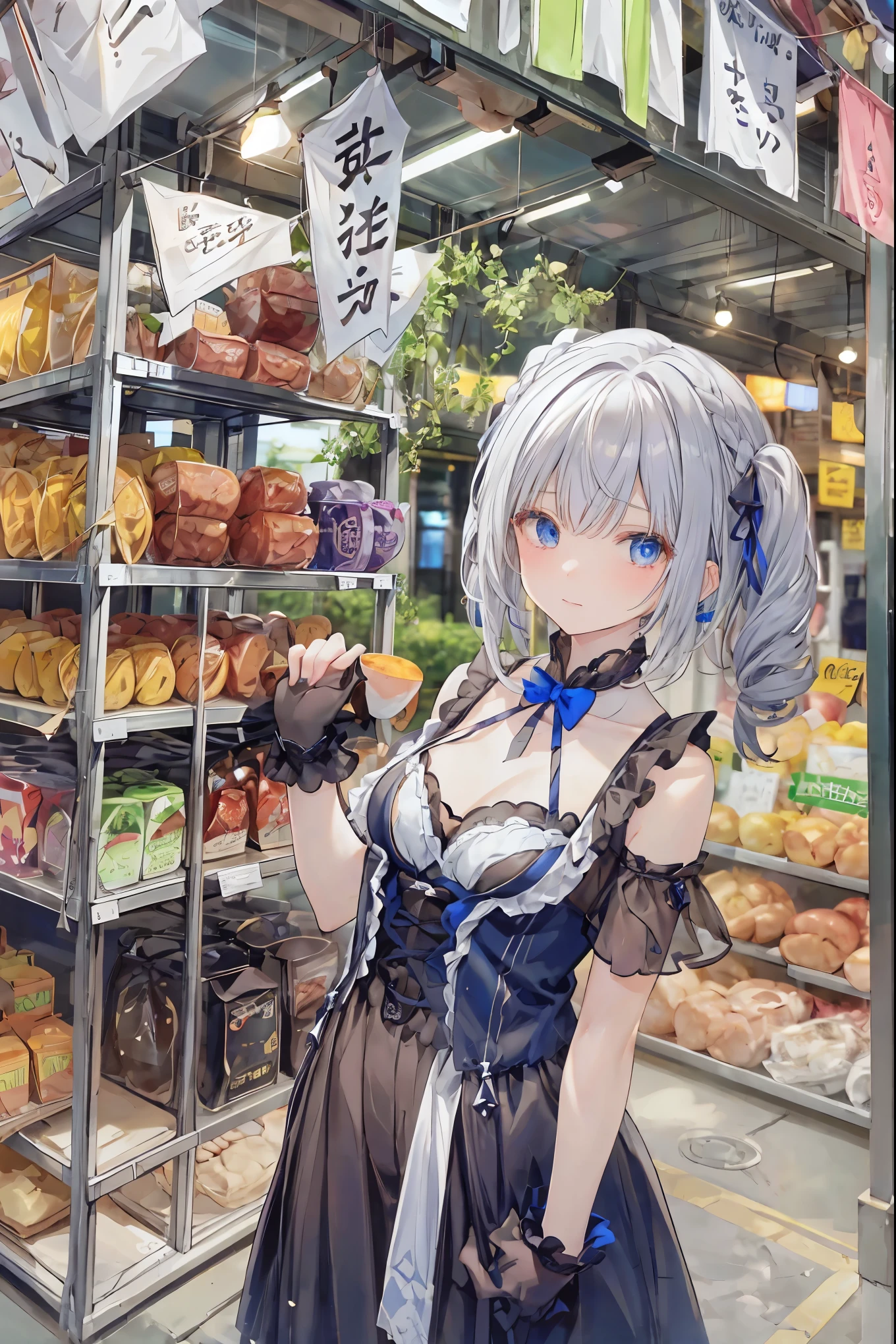 Cat ear:2.0、((masterpiece)),((Highest quality)),(Super detailed),(figure),((Very delicate and beautiful)), 1girl、((smile、Sparkling Blue Eyes、Cat ear:2.0、Silver Bob Hair:2.5))、I can see your belly、Chinese style short sleeve,Don't go up and down、Chinese style shorts、Alluring expression,An inviting body、Hot flashes、Small breasts,Sidetiletto heels、Holding a tray with a panda on it、Walking around the store、Colorful、Inside a Chinese restaurant、