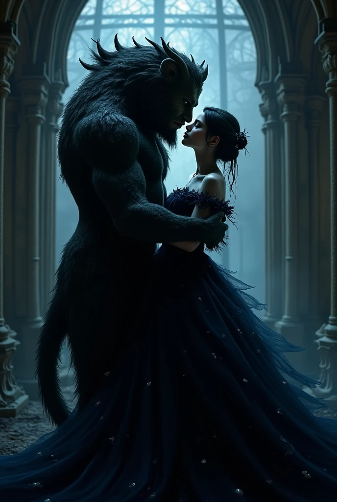 A dark beast like the one in beauty and he beast with wolf likeness but with pain in eyes in the background of a girl who has a misty appearance but proper silhouette and the girl is wearing a classy gown in the style of a jarek kubiki