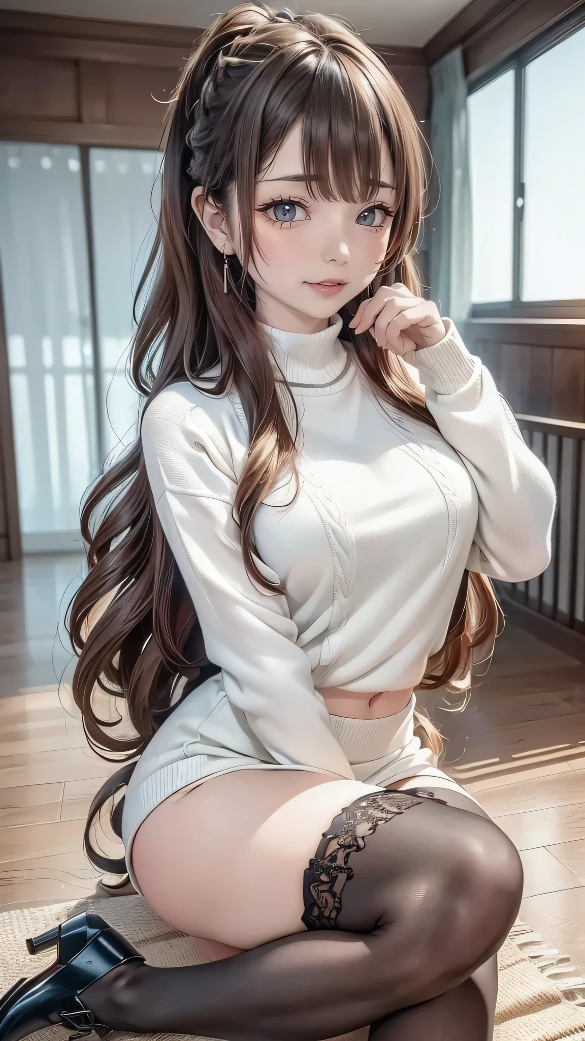 (random porn pose),(random hairstyle),(Highest image quality,(8k),ultra-realistic,best quality, high quality, high definition, high quality texture,high detail,beautiful detailed,fine detailed,extremely detailed cg,detailed texture,a realistic representation of the face,masterpiece,Sense of presence),sweater,tight mini skirt,stockings,Engineer boot