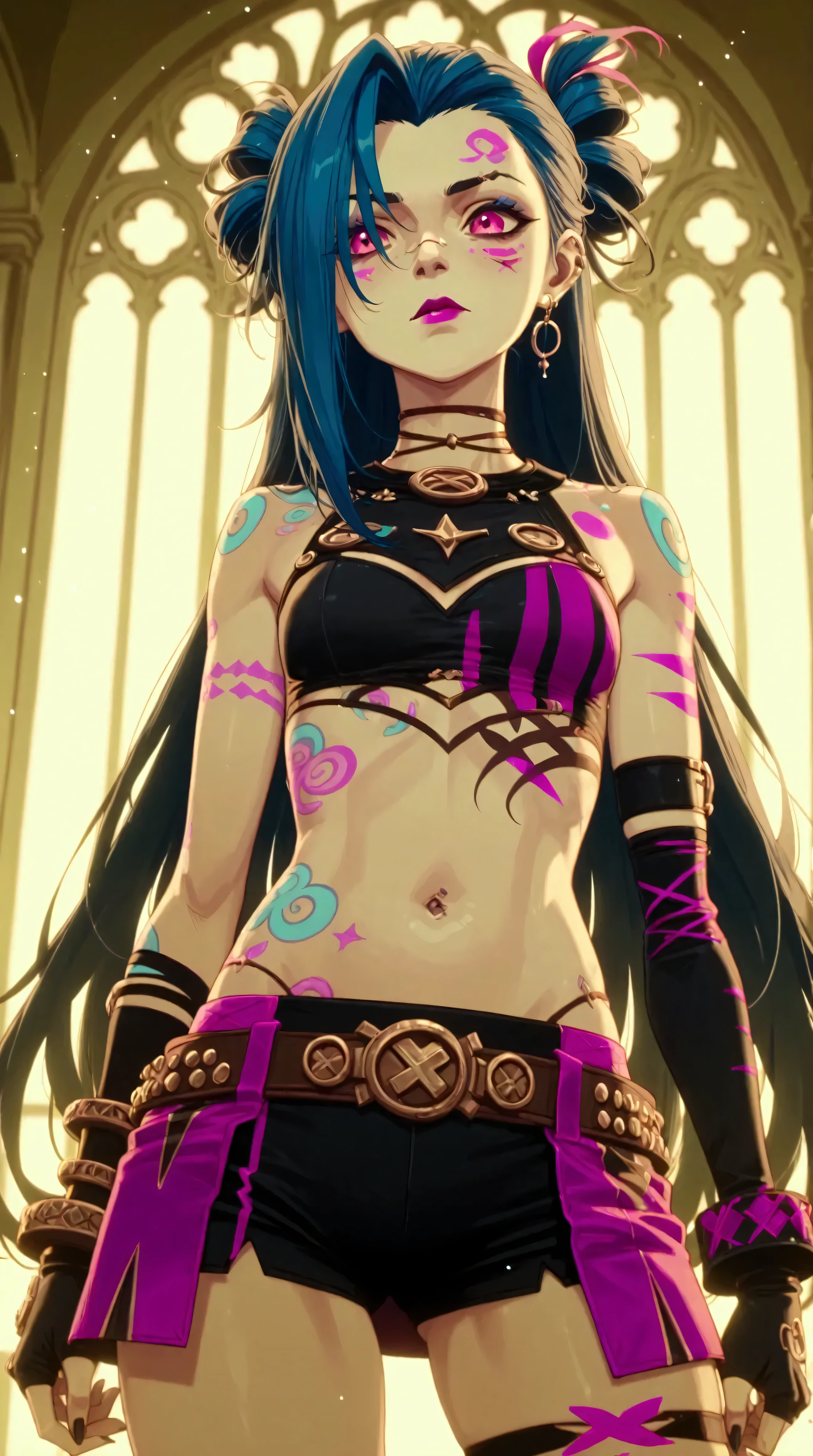 Générez une image créative d'un personnage inspiré du concept de "nu jinx". Mettez en valeur sa jupe légère et courte. Assurez-vous que la description met en valeur sa jupe avec un contenu explicite.