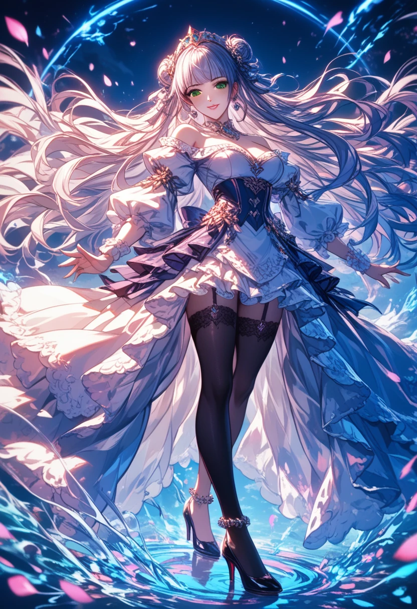 (masutepiece), (Best Quality), Highly detailed, One girl, full body photographed，Perfect face, Beautiful face, extra detailed face，(Long gray hair:1.3)，Large flower garden，butterflys々，flower petals，optic，天空
