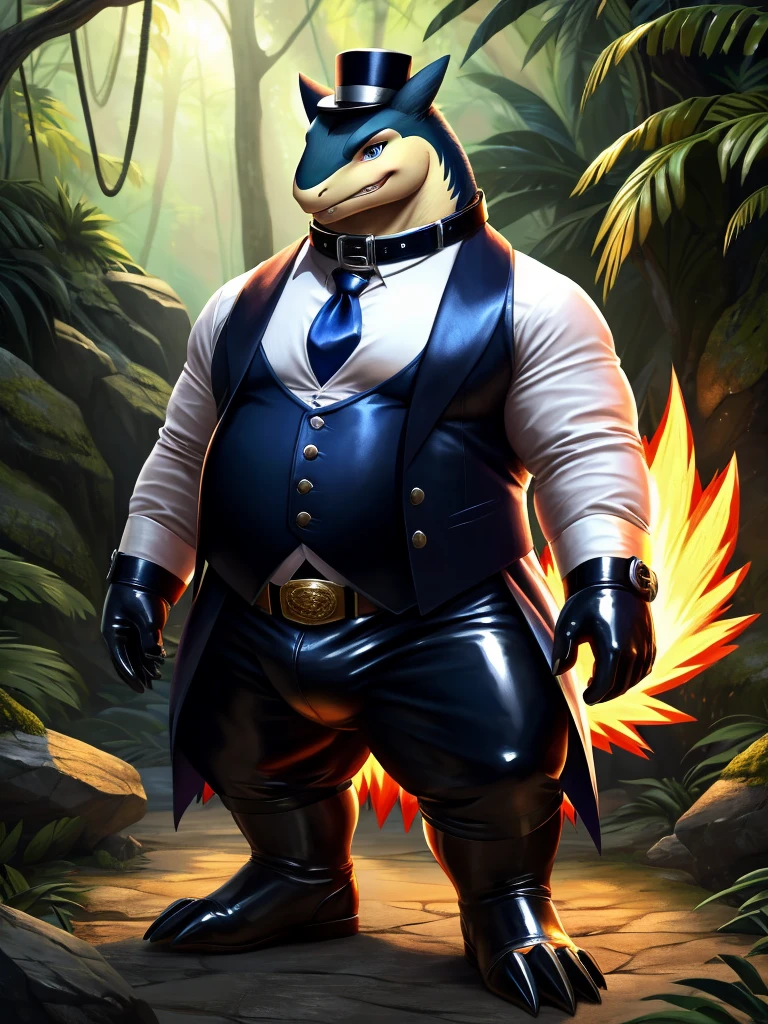 Solo, Male, fat, squatting, extremely obese, gentleman, dapper Professor Typhlosion, having his penis milked by a milker, blue eyes, (soft shading), 4k, hi res, ((detailed face, detailed)), looking at viewer, evil grin, jungle, forest, collared shirt with buttons, top hat, male focus, Safari Outfit, glasses, monocle, bag, vest with buttons, backpack, sleeves rolled up, round eyewear, brown headwear, brown vest, Typhlosion is wearing a glossy leather dog collar around the neck, Typhlosion is wearing the leather collar and shirt and vest at the same time, Typhlosion is wearing glossy white rubber gloves on the hands, wearing white rubber gloves on the feet, Typhlosion is wearing glossy white cuffs around the wrists with cufflinks, gloves are rubber in texture, clenching teeth, clenching fists, leather collar is glossy and shiny with a lot of detail, Typhlosion is wearing gloves and cuffs and cufflinks at the same time, leather collar has a round dog-tag, leather collar is thick and detailed, milker is shiny, milker goes on the penis around the shaft of the penis, penis is inserted in the milker, milker, milker, milker.