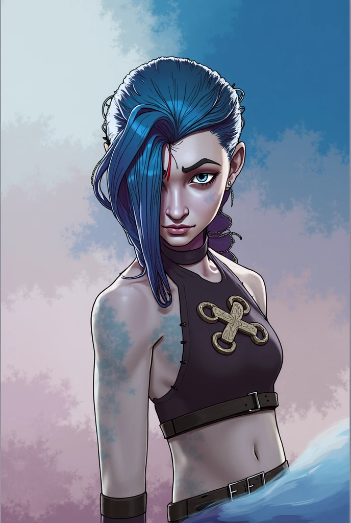 An illustrated movie poster, hand-drawn, full color, a young drow girl, drow elf, wearing a corduroy mini-dress, blue skin, blue complexion, pointy elf ears, ruby eyes, dark hair, shaggy bob, posing like a model, hard shadows, graphite shading, stencil marks, airbrushed acrylic paint, masterpiece, in the style of Rockstar Games