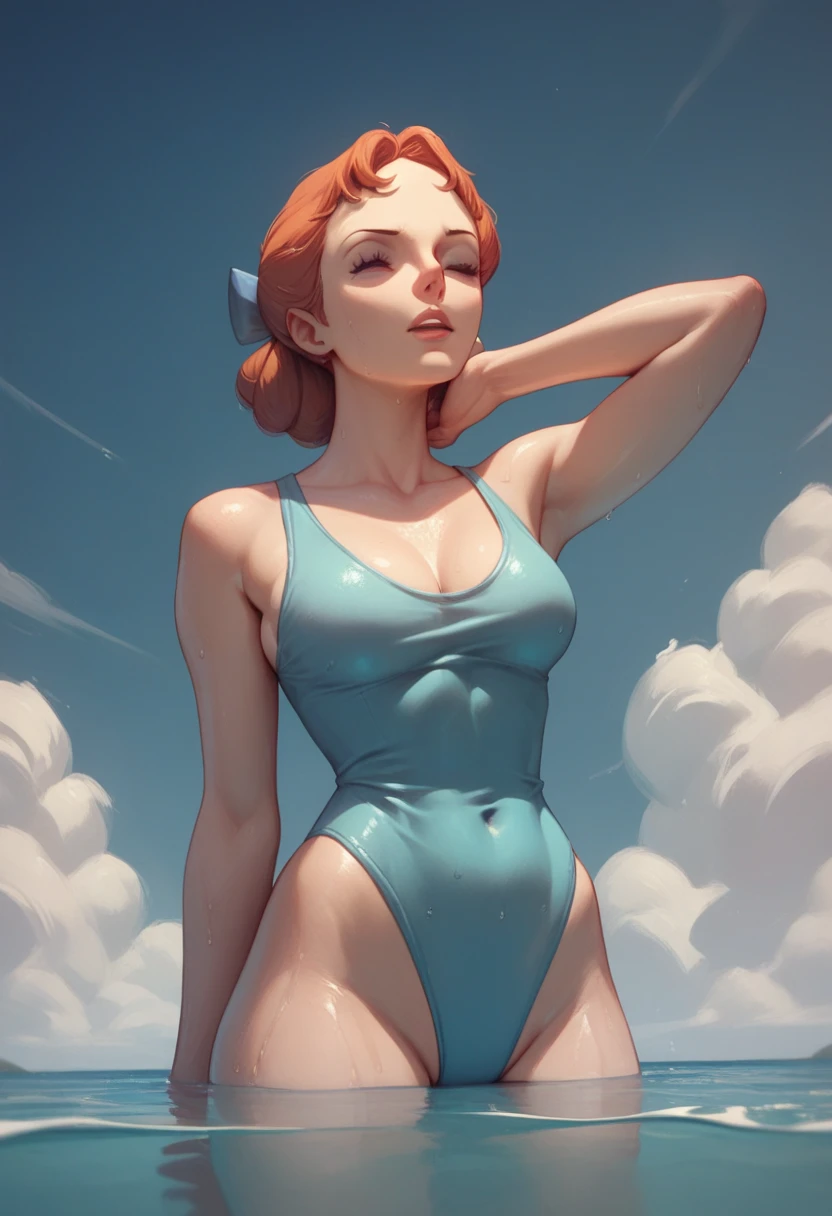 A beautiful girl with short orange hair, greeneyes, and earrings, wearing makeup and lipstick, and white leotard in curvy cartoon style, highy detailed, work of art, cowboy shot,Dexter's mother, beachfront, intrikate,Waist slender,Hands on waist, naked, witheout panties, with her pussy on camera