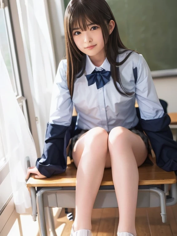 (Browsing Caution:1.3), ((masterpiece)), ((Highest quality)), (Super Familiar), ((cute)), cute, ((sexy)), (Familiar), ((very Familiar)), 4K, (8k), Highest quality, (beautiful), hyper cute face, shape, Anime Style,hyper Genuineistic, Genuine, (((From below))), ((whole body)), close, Thick outline, Clear contours, ((In the classroom)), (1 girl, cute girl:1.5), (Schoolgirl uniform :1.5), beautiful light brown hair, beautiful brown eyes, ((beautiful eyes)), (Sit at a desk, look forward to, skirt, Showing panties:1.55), short hair, Big Breasts, shoes, smile