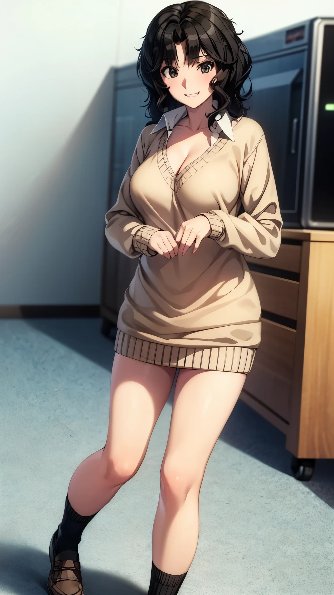 ( super high quality , super high resolution,16k,super masterpiece,Ultra HD ,Detailed shading and background,) sexy girl , white shirt, cream sweater, black miniskirt, Black Socks, cleavage in years,smile,