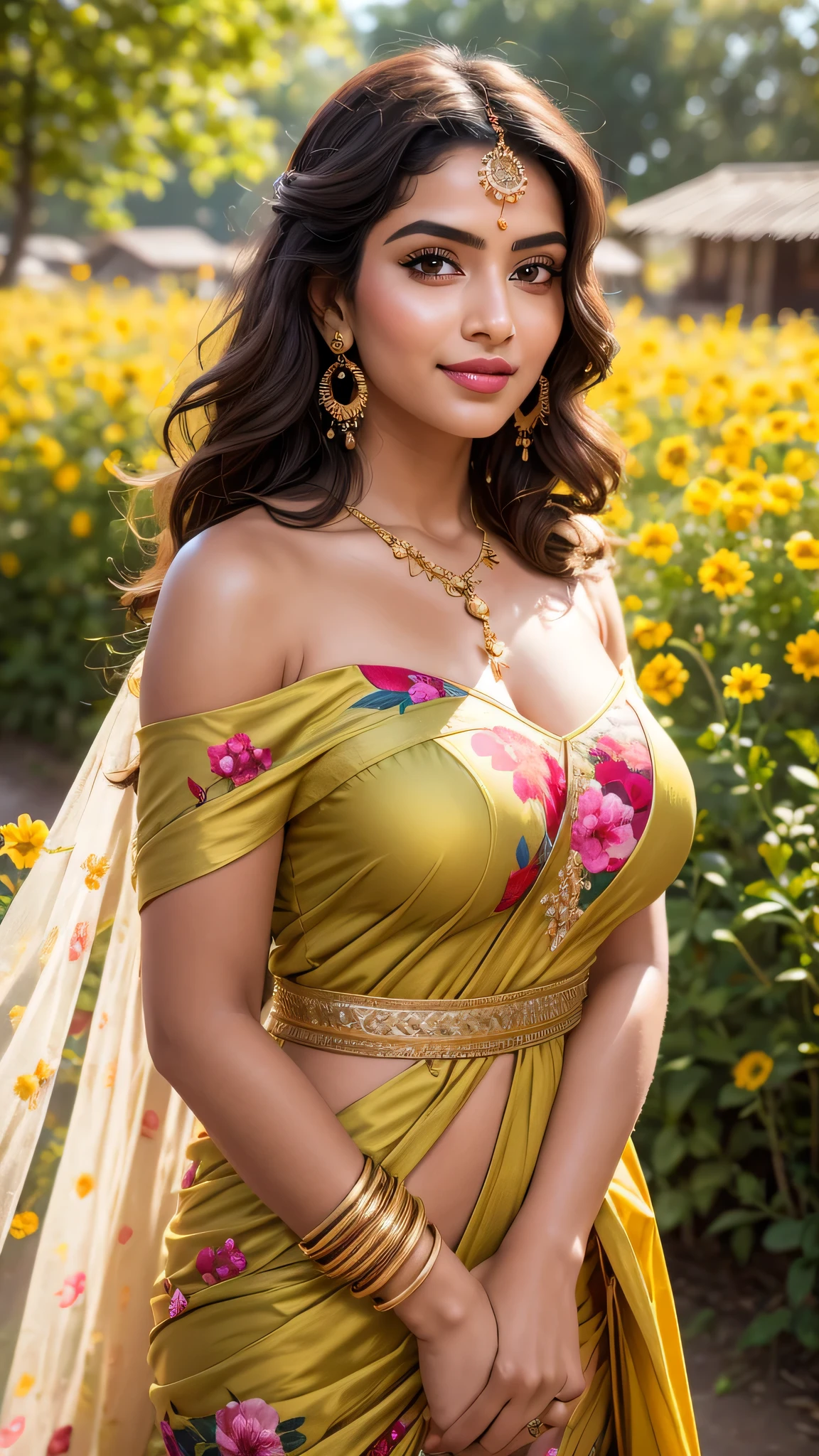 (((HD photo))), ultra high res.photorealistic:. 1.4, UHD, masterpiece, trending on artstation, portrait, 1girl, pretty, cute face, most beautiful in the world, soft, delicate, wavy blonde hair, large huge breasts, a vibrant Indian woman with olive skin and dark hair styled in loose waves. She has striking, almond-shaped eyes with bold eyebrows and intense,. Her lips are painted in a subtle, natural color, A carefree Pakistani woman with a contagious laugh lies amidst a field of brightly colored wildflowers. She wears a whimsical off-the-shoulder dress with floral patterns with bra. The camera (50mm lens, unzoomed) captures her from a low angle, framing her against the vastness of the flower field. The sunlight creates a natural spotlight on her joyful expression