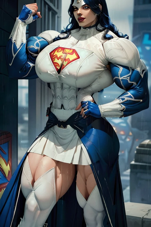 ((((Massive, tall, beautiful, buff, pale white skinned muscular woman with royal blue hair, ginormous bulky muscles and wearing a royal blue Batgirl suit with a cape and tight pants)))), (close view), massive muscles, massive biceps, hyper muscle triceps, (long curly hair), white eyes, black gloves, spiked gauntlets, high heels boots, city, at night, smirk, hyper muscles arms, hyper muscle legs, massive arms.